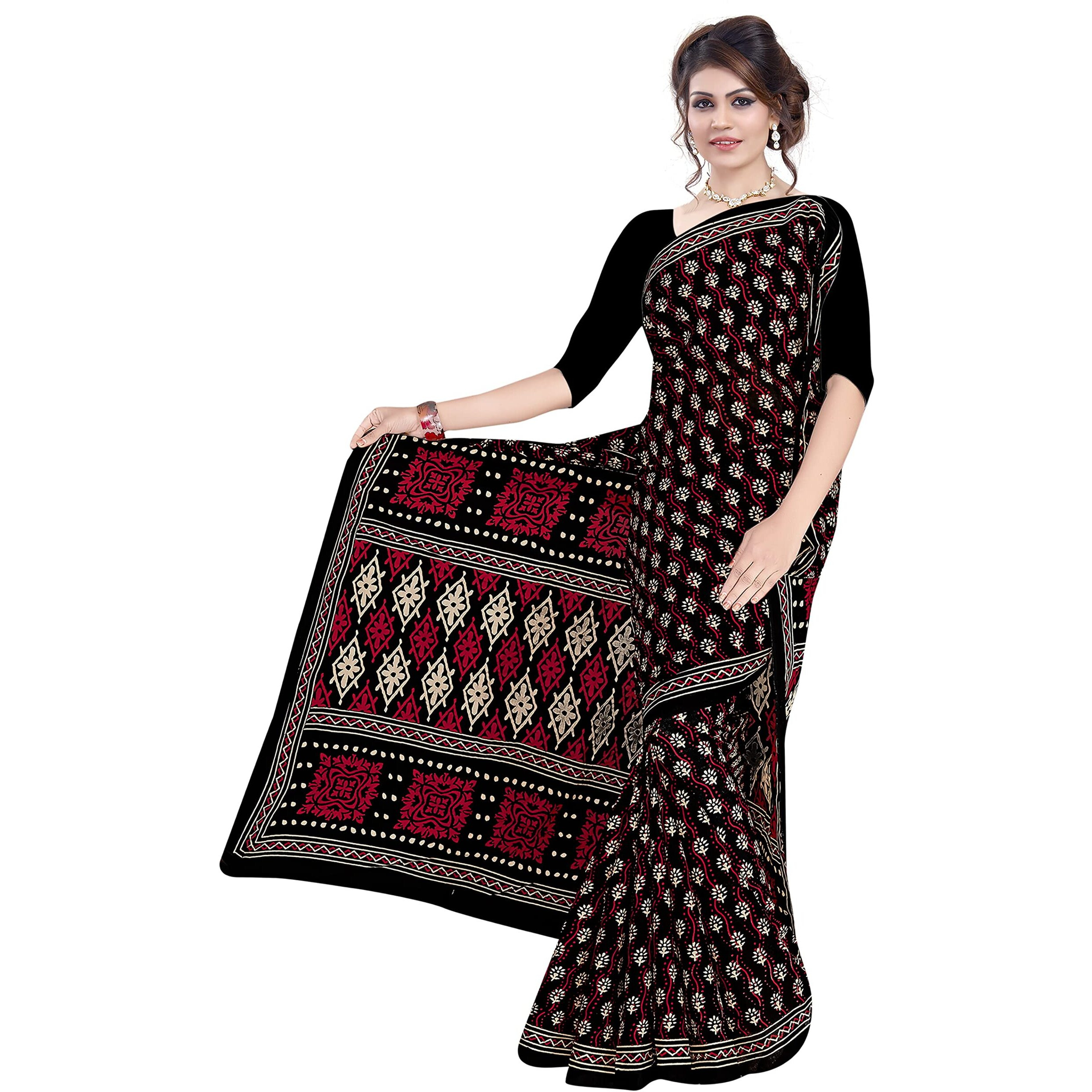 TAMAIRA FASHION Womens Plain Weave Pure Cotton Saree Without Blouse Piece(2372_Black)