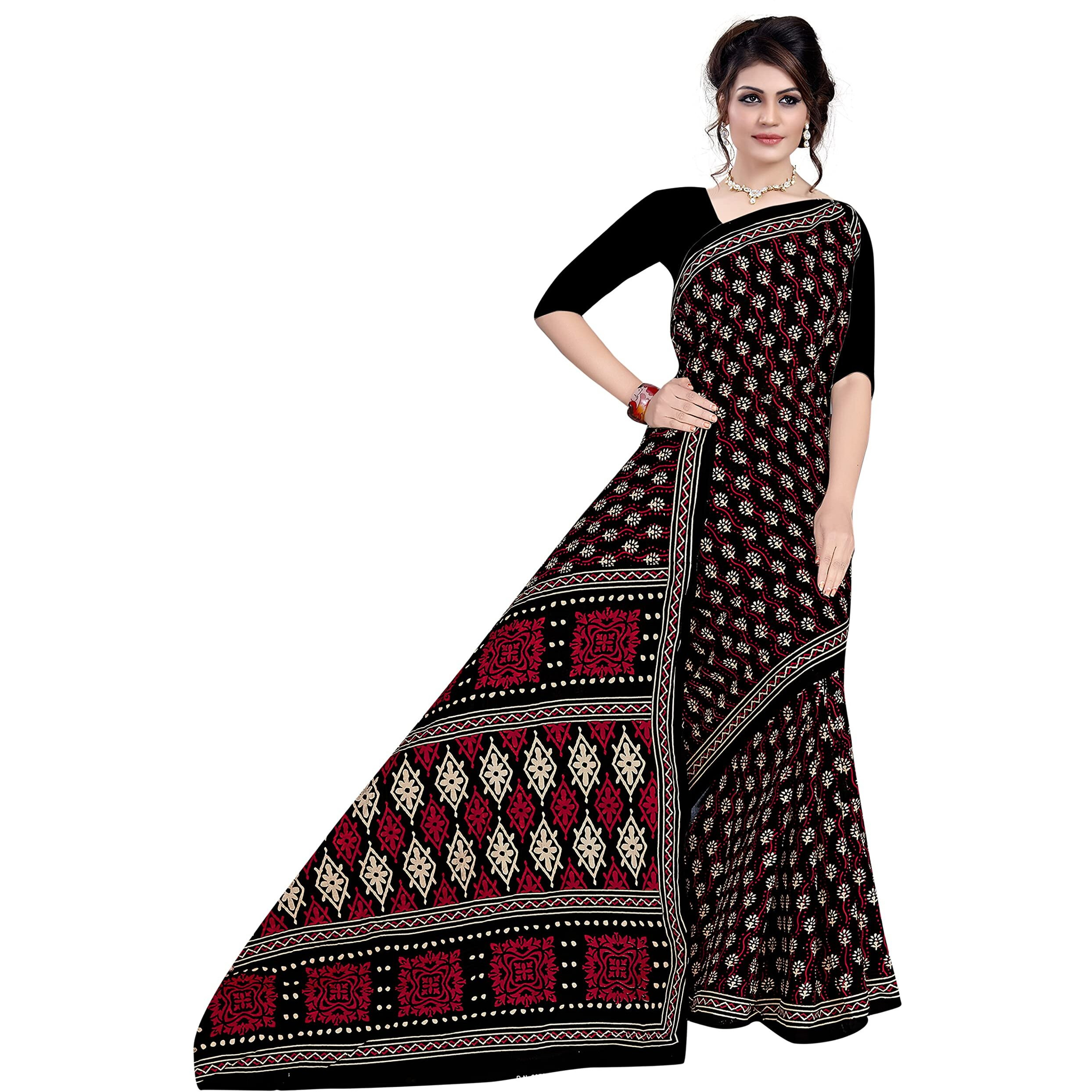TAMAIRA FASHION Womens Plain Weave Pure Cotton Saree Without Blouse Piece(2372_Black)