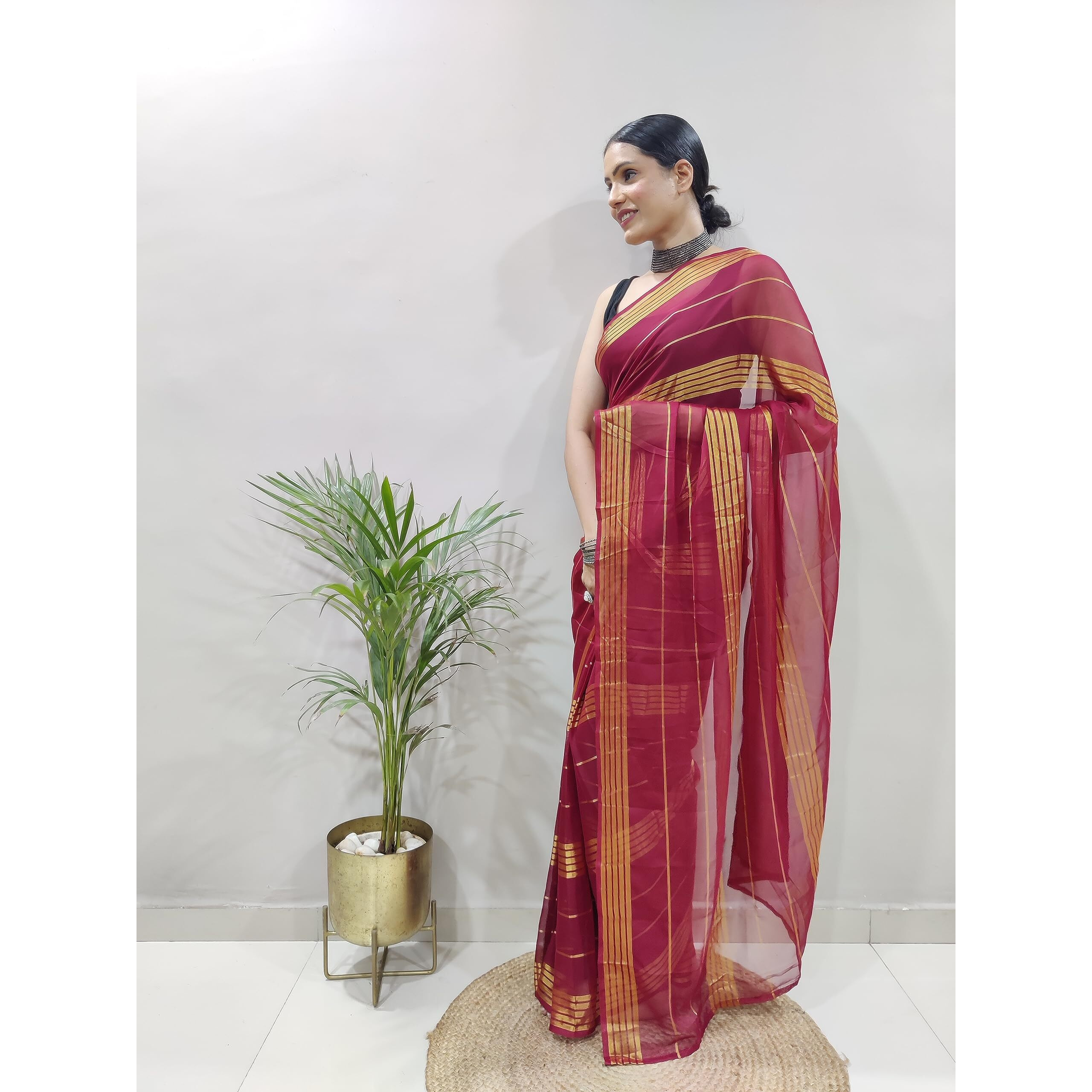 StyleScope Womens Georgette Ready To Wear 1 Minute Saree With Unstitched Blouse Piece (33 Patti Maroon_Maroon_Free Size)
