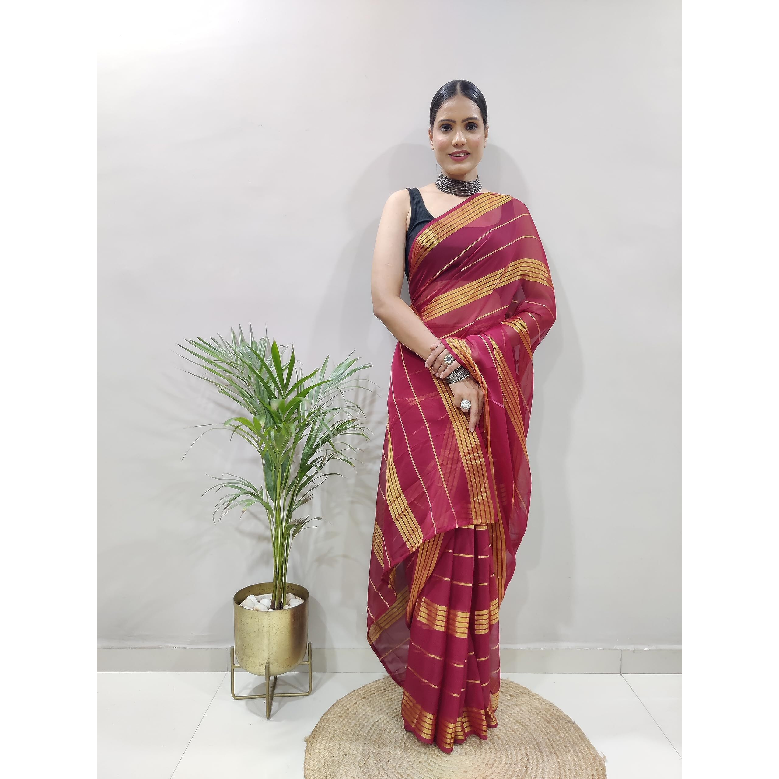 StyleScope Womens Georgette Ready To Wear 1 Minute Saree With Unstitched Blouse Piece (33 Patti Maroon_Maroon_Free Size)