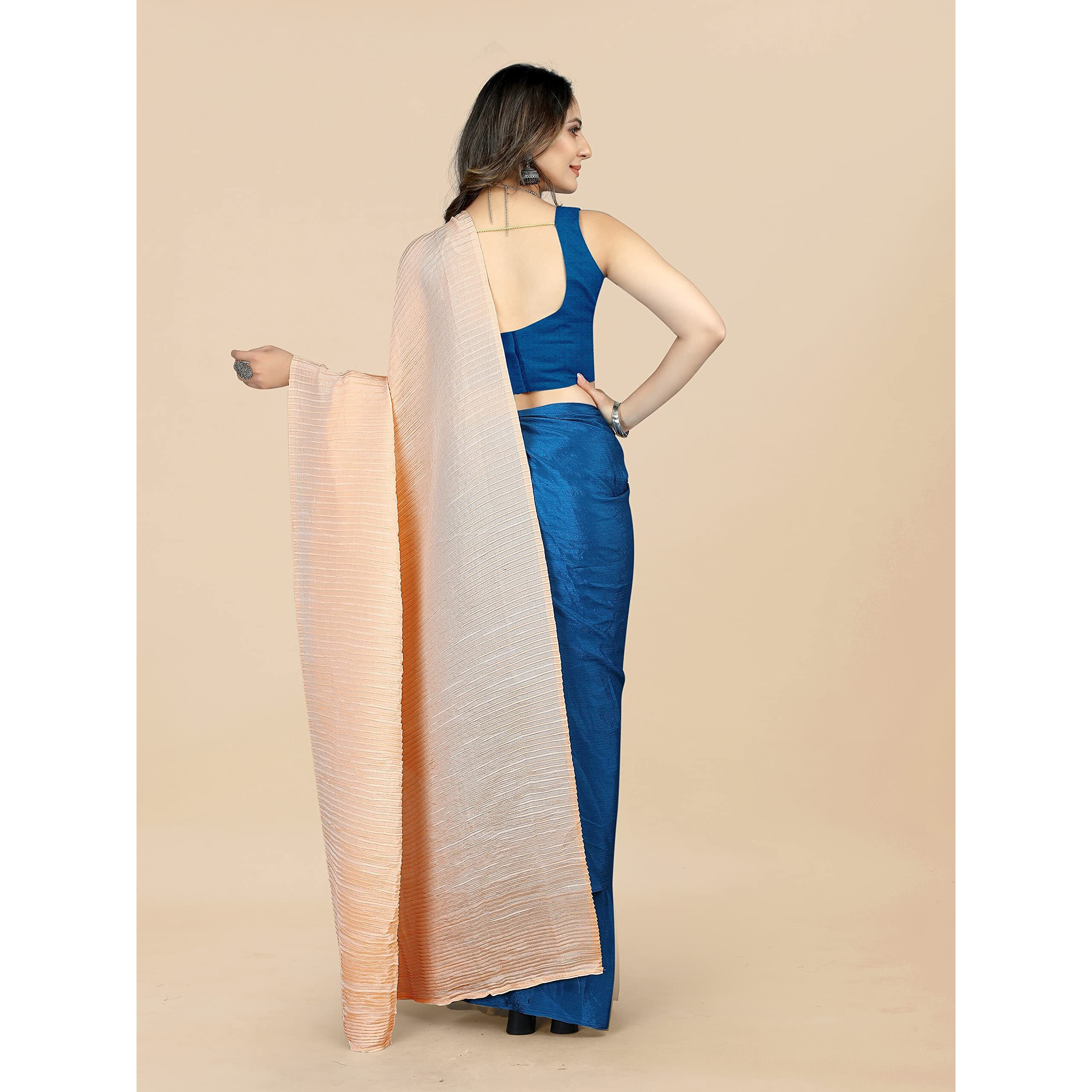 Sidhidata Womens CrushedPleated Plain Chinon Saree With Unstitched Blouse Piece (Rupalii Peach_Peach_Free Size)