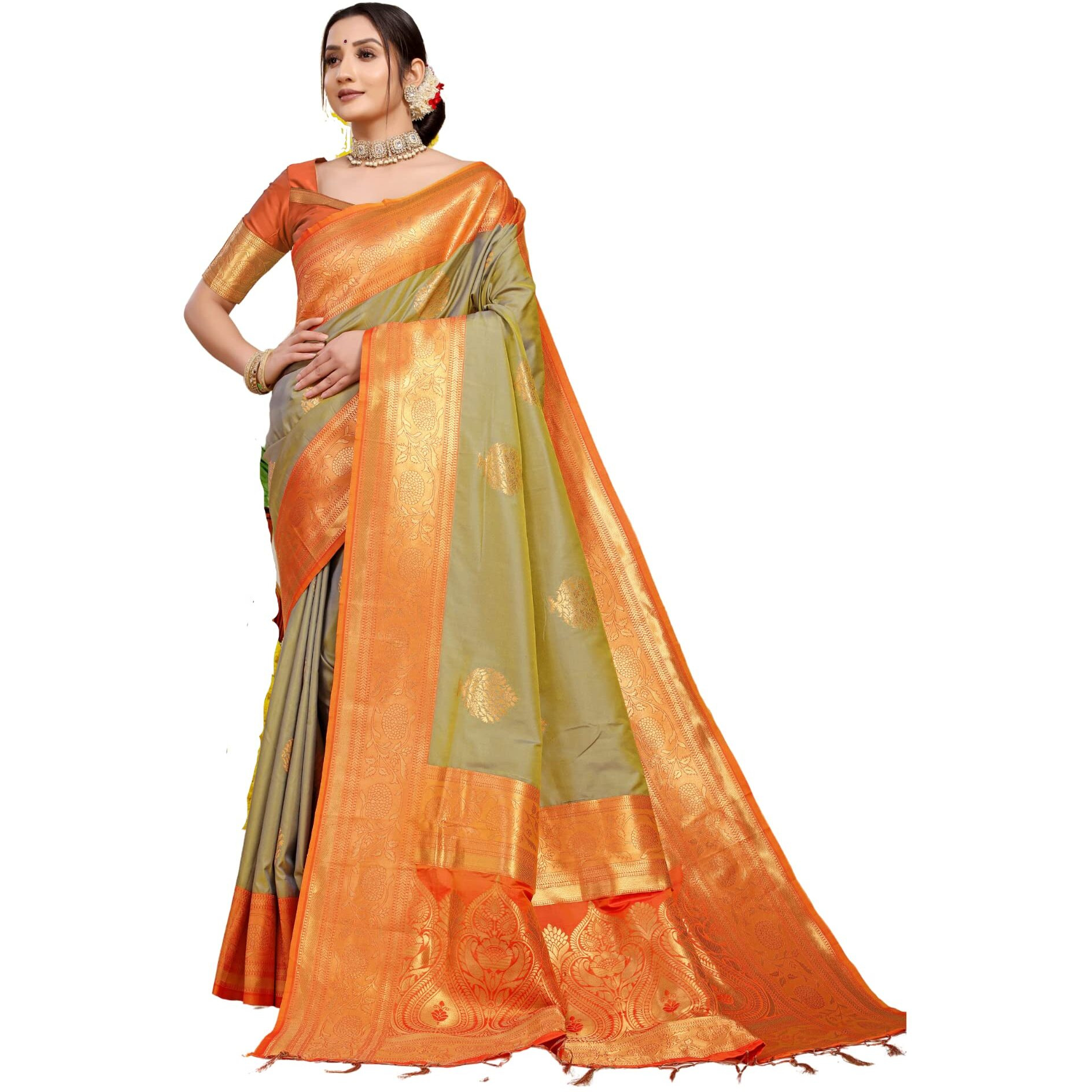 SGF11 Womens Kanjivaram Pure Soft Silk Handloom Saree Pure Golden Zari With Blouse Piece (Green 01)