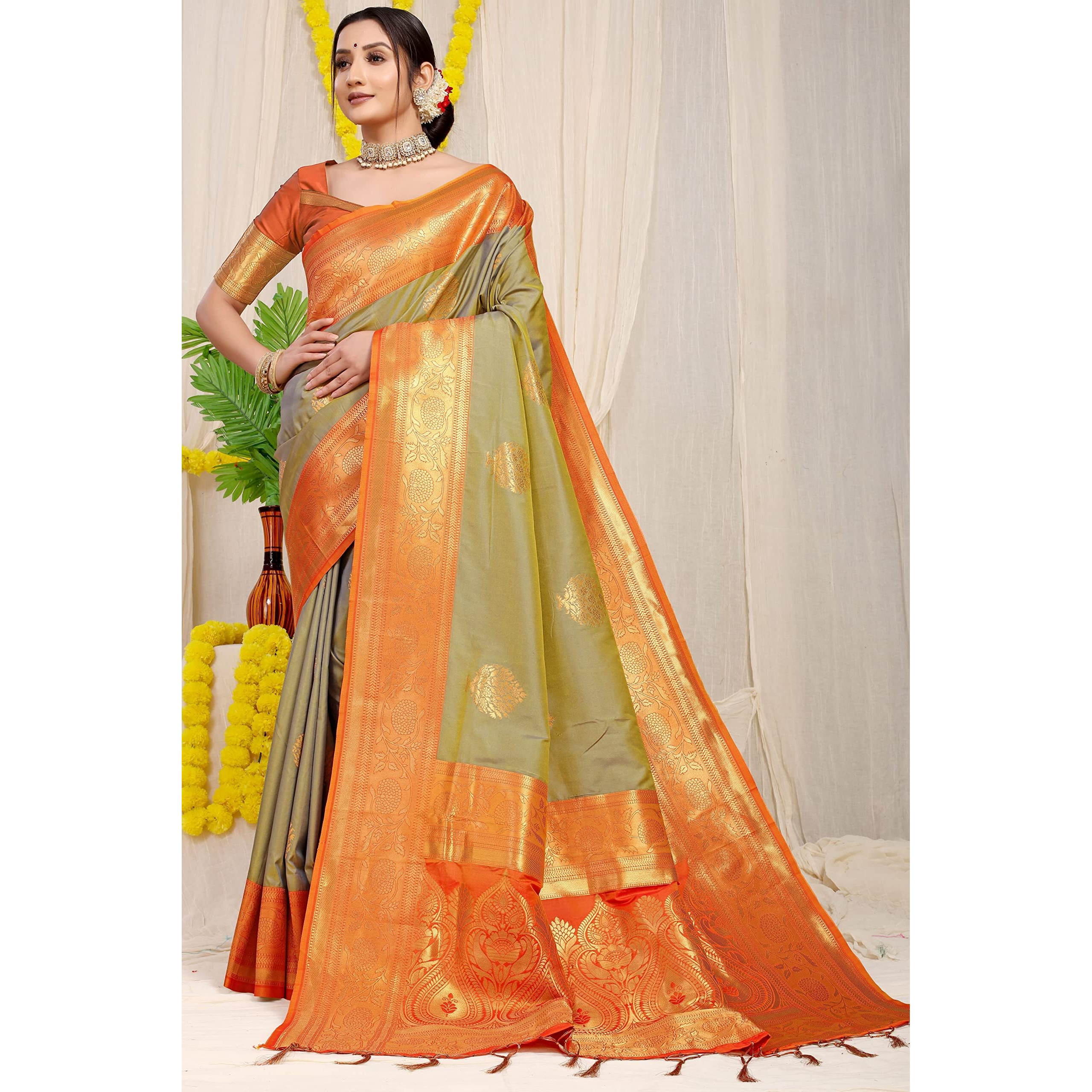 SGF11 Womens Kanjivaram Pure Soft Silk Handloom Saree Pure Golden Zari With Blouse Piece (Green 01)