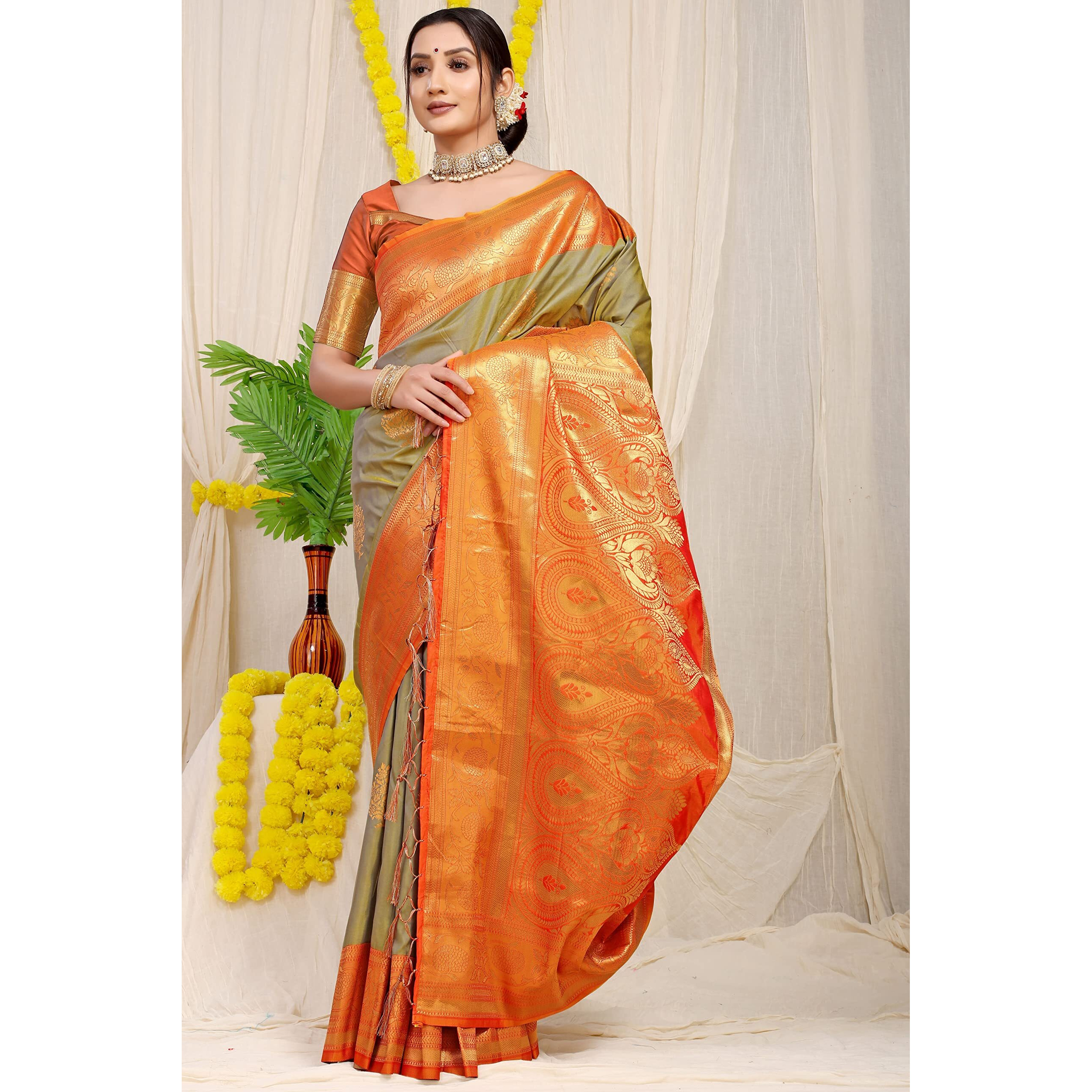 SGF11 Womens Kanjivaram Pure Soft Silk Handloom Saree Pure Golden Zari With Blouse Piece (Green 01)