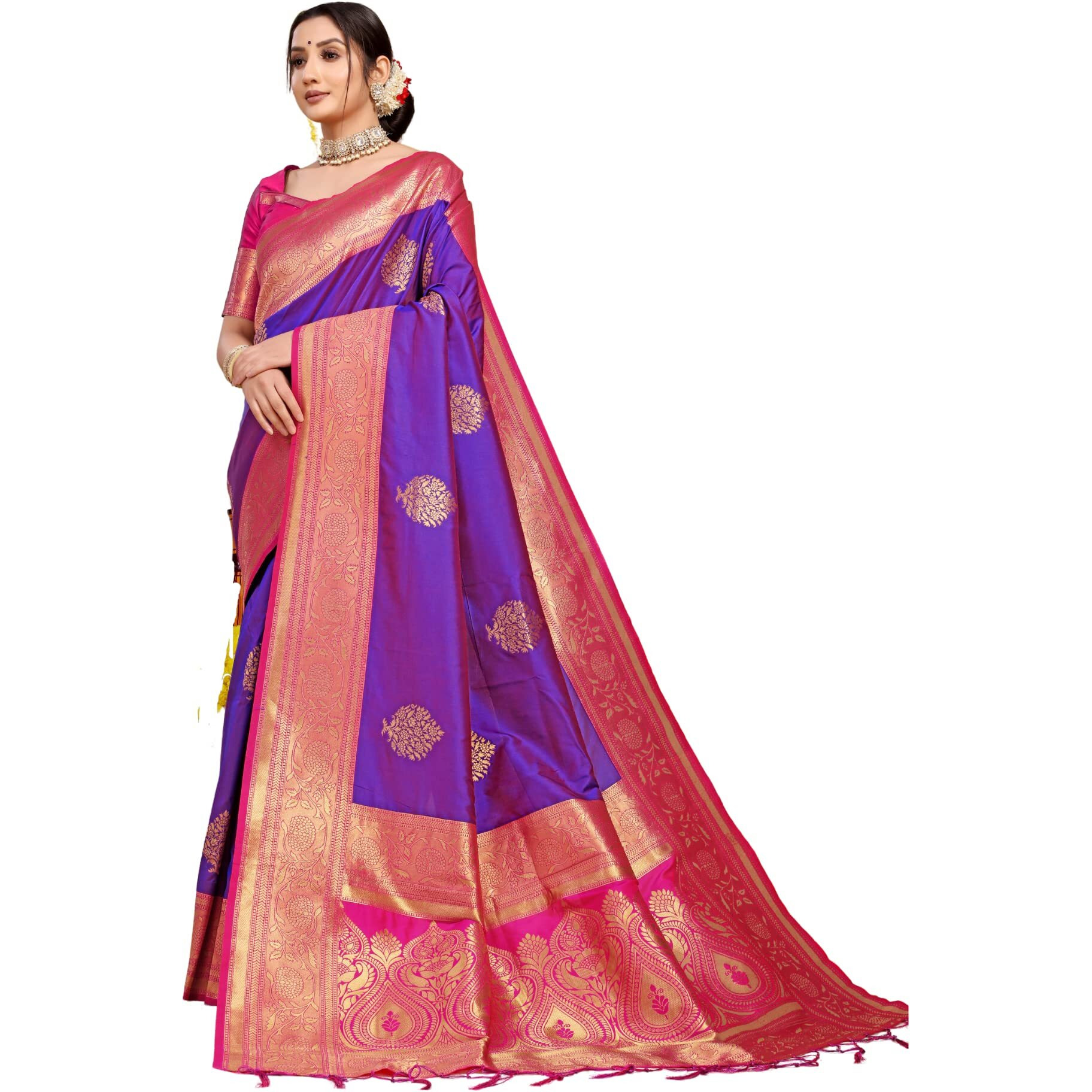 SGF11 Womens Kanjivaram Pure Soft Silk Handloom Saree Pure Golden Zari With Blouse Piece (Purple)