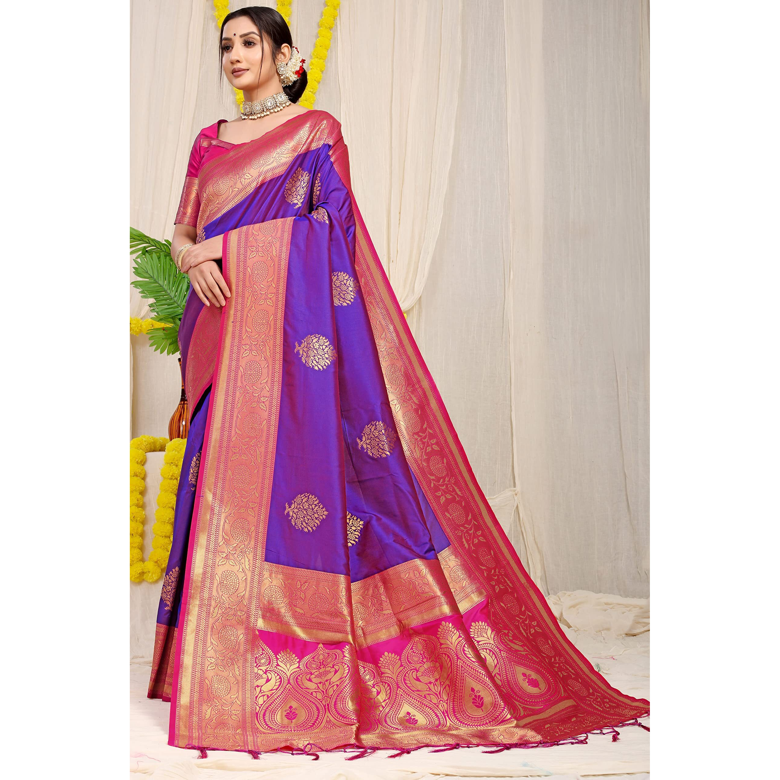 SGF11 Womens Kanjivaram Pure Soft Silk Handloom Saree Pure Golden Zari With Blouse Piece (Purple)