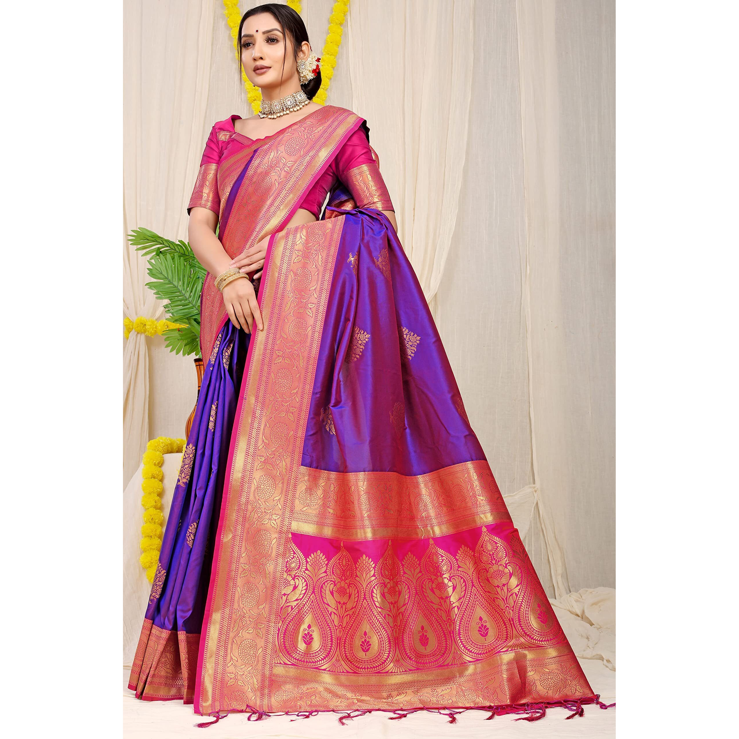 SGF11 Womens Kanjivaram Pure Soft Silk Handloom Saree Pure Golden Zari With Blouse Piece (Purple)