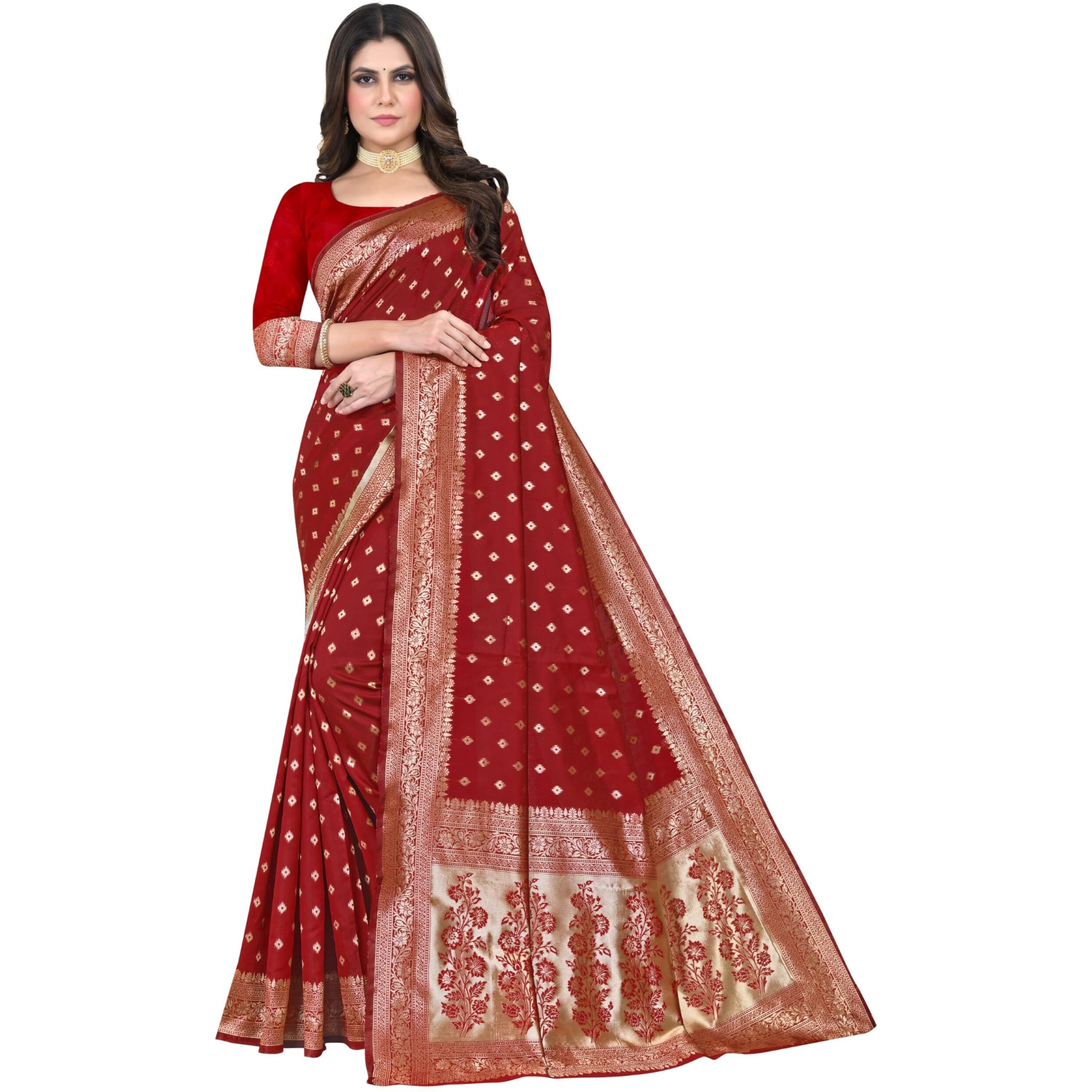 C J Enterprise Womens Pure Kanjivaram Silk Saree Soft Banarasi Design Wear Kanchipuram Pattu Sarees Latest Party Cotton Sari collections With Blouse Piece for Wedding sadi 2024 2023 (Pari159 Red)