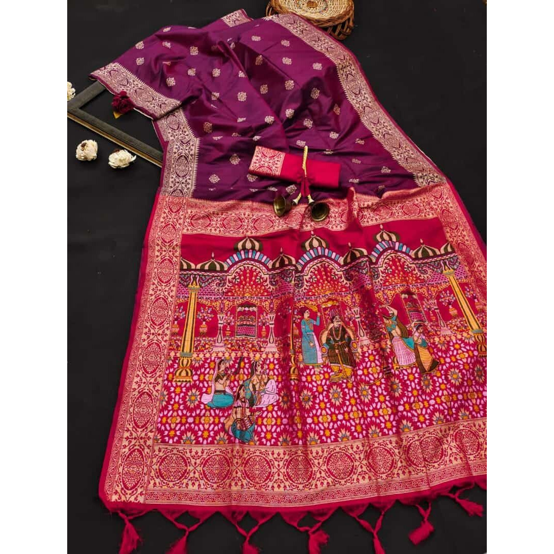 NK Textiles Womens Bride Groom Butta Design Woven with Heavy Pallu Handloom Raw Silk Saree with Tassels (25 COLORS & DESIGNS)