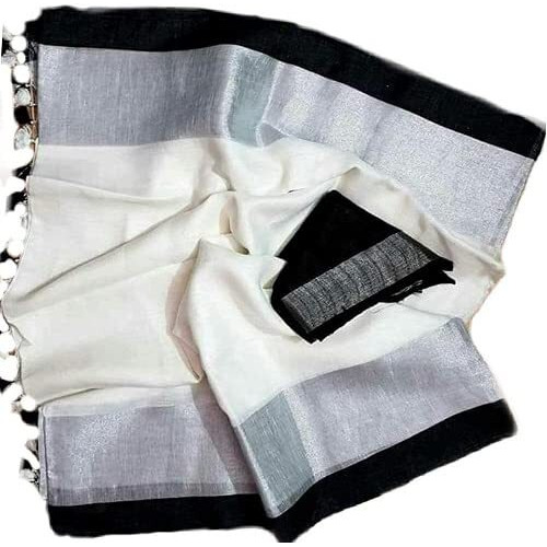 SILK TEXTILES BHAGALPUR Womens Bhagalpuri Linen Saree With Blouse (STB 009-SR_White)
