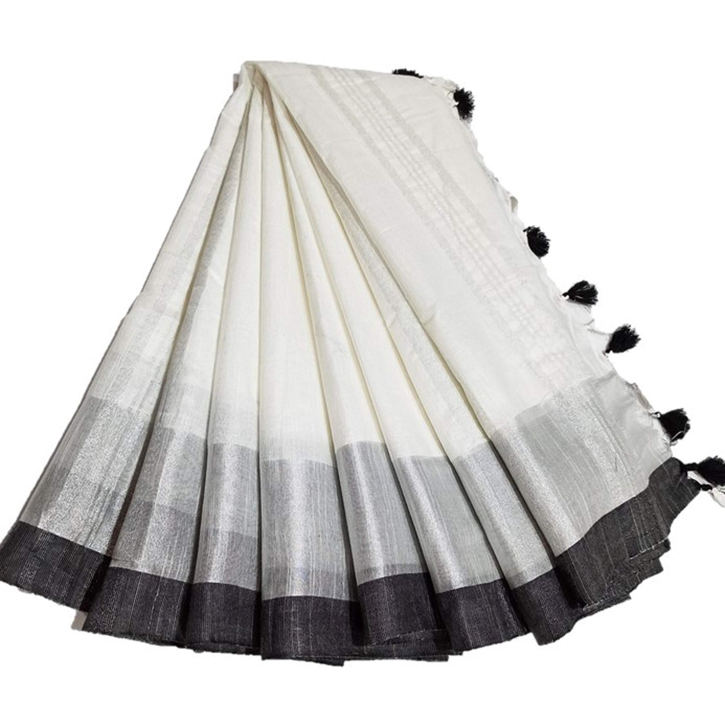 SILK TEXTILES BHAGALPUR Womens Bhagalpuri Linen Saree With Blouse (STB 009-SR_White)