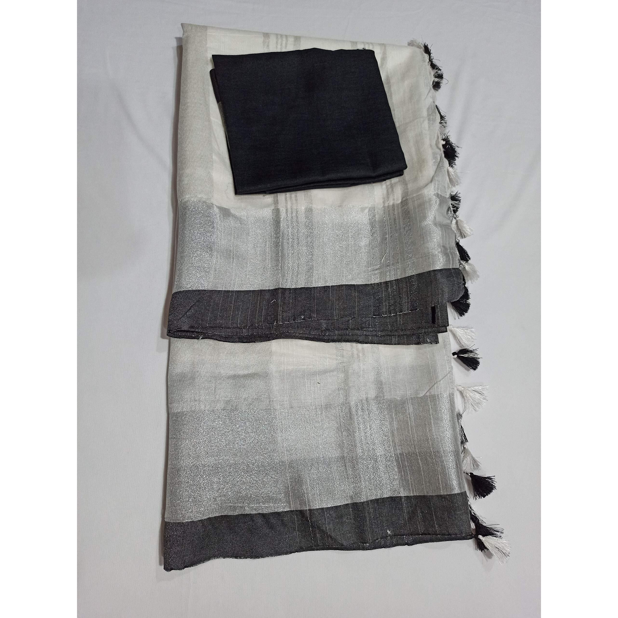 SILK TEXTILES BHAGALPUR Womens Bhagalpuri Linen Saree With Blouse (STB 009-SR_White)