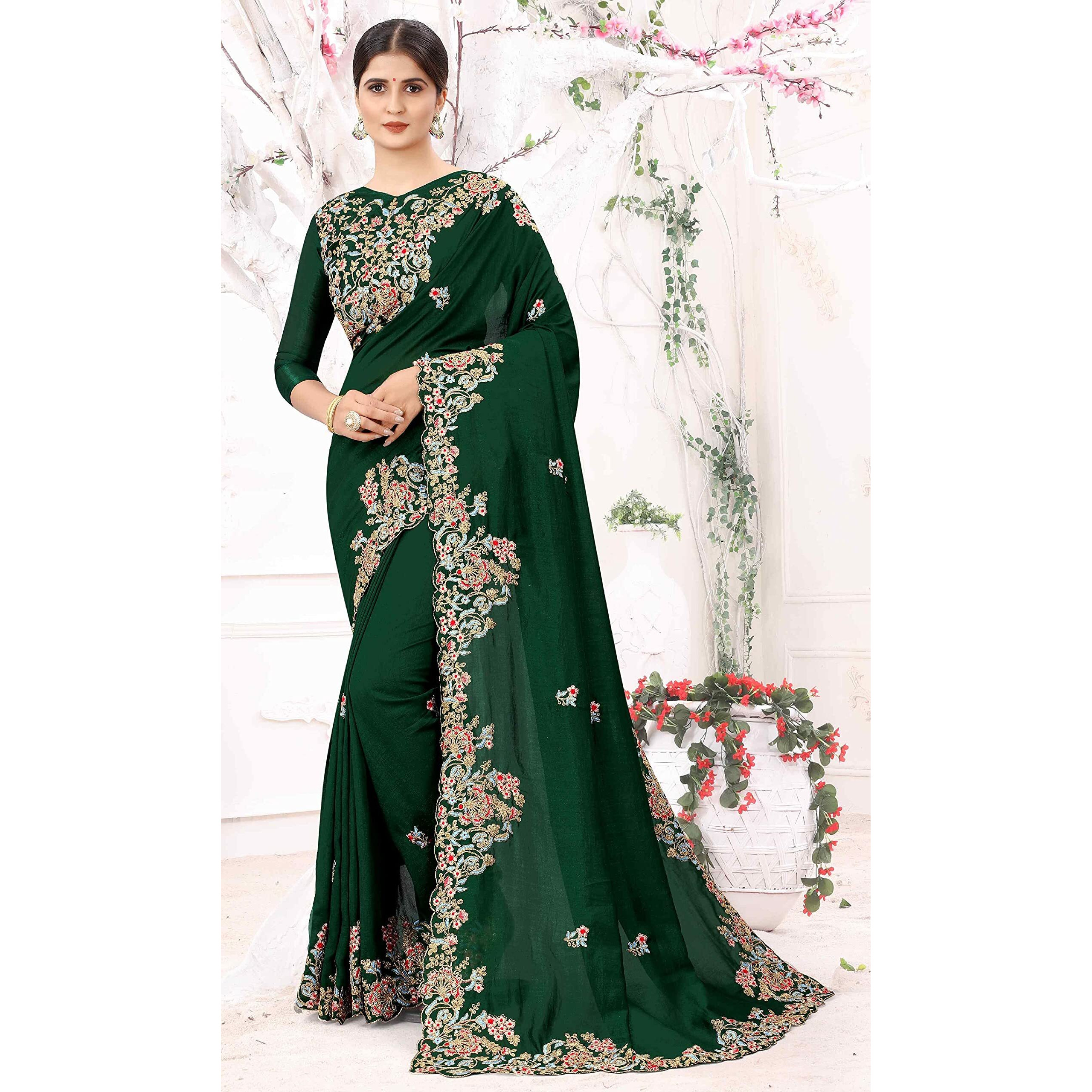Divine International Trading Co Womens Vichitra Silk Embroidery Work Saree With Blouse Piece (Bansi-Earth-Green)