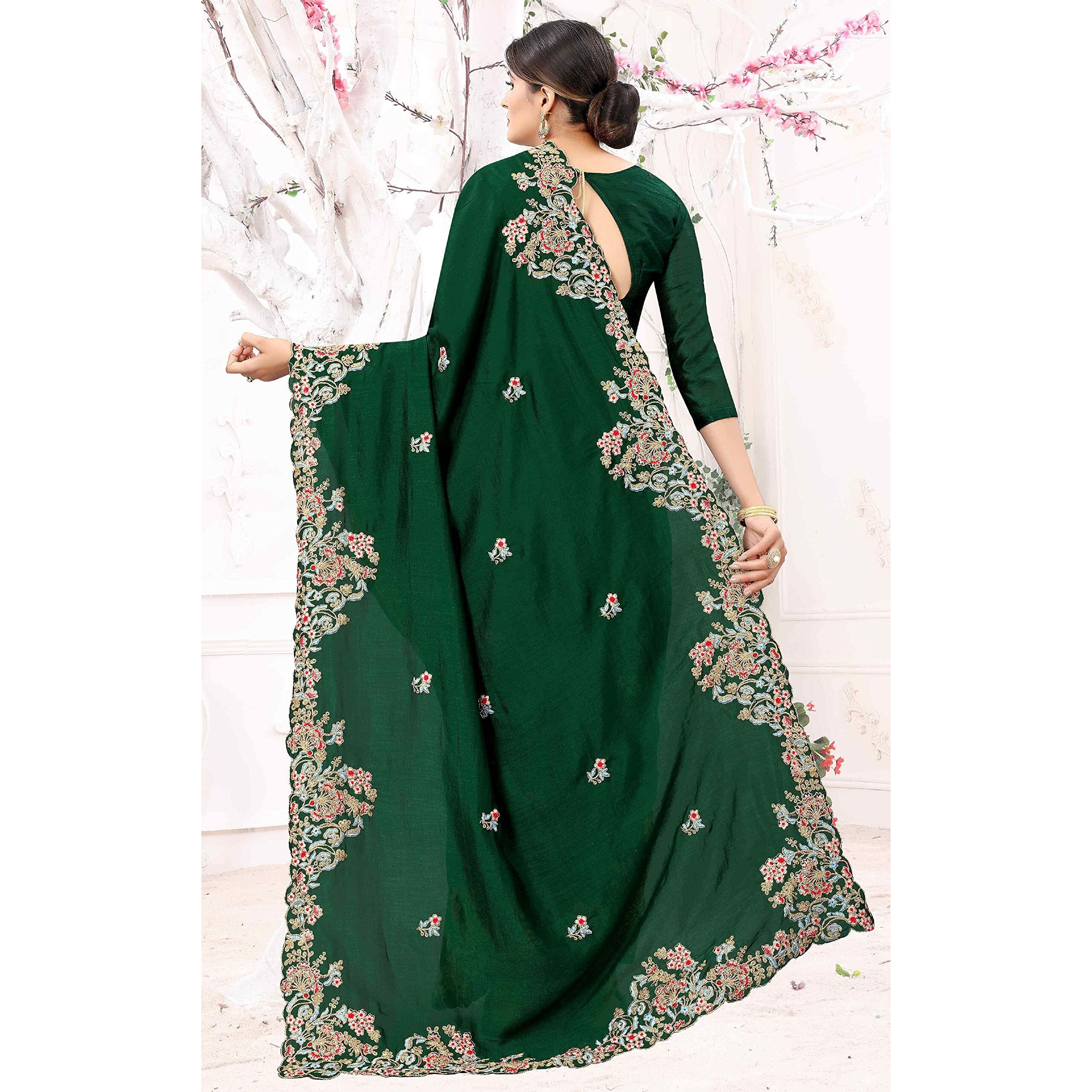 Divine International Trading Co Womens Vichitra Silk Embroidery Work Saree With Blouse Piece (Bansi-Earth-Green)