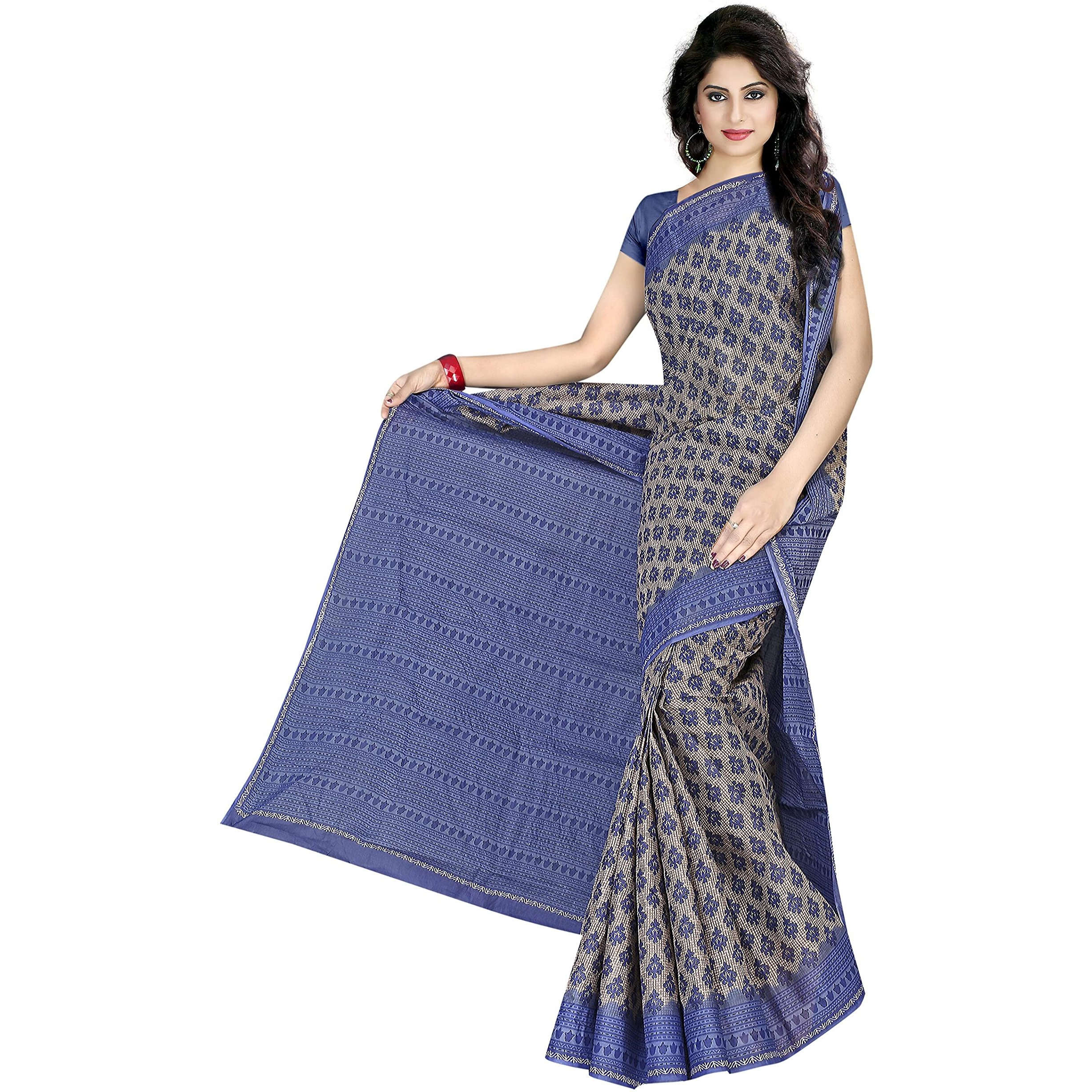 TAMAIRA FASHION Plain Weave Womens Pure Cotton Saree Without Blouse Piece (2340_Grey & Blue)