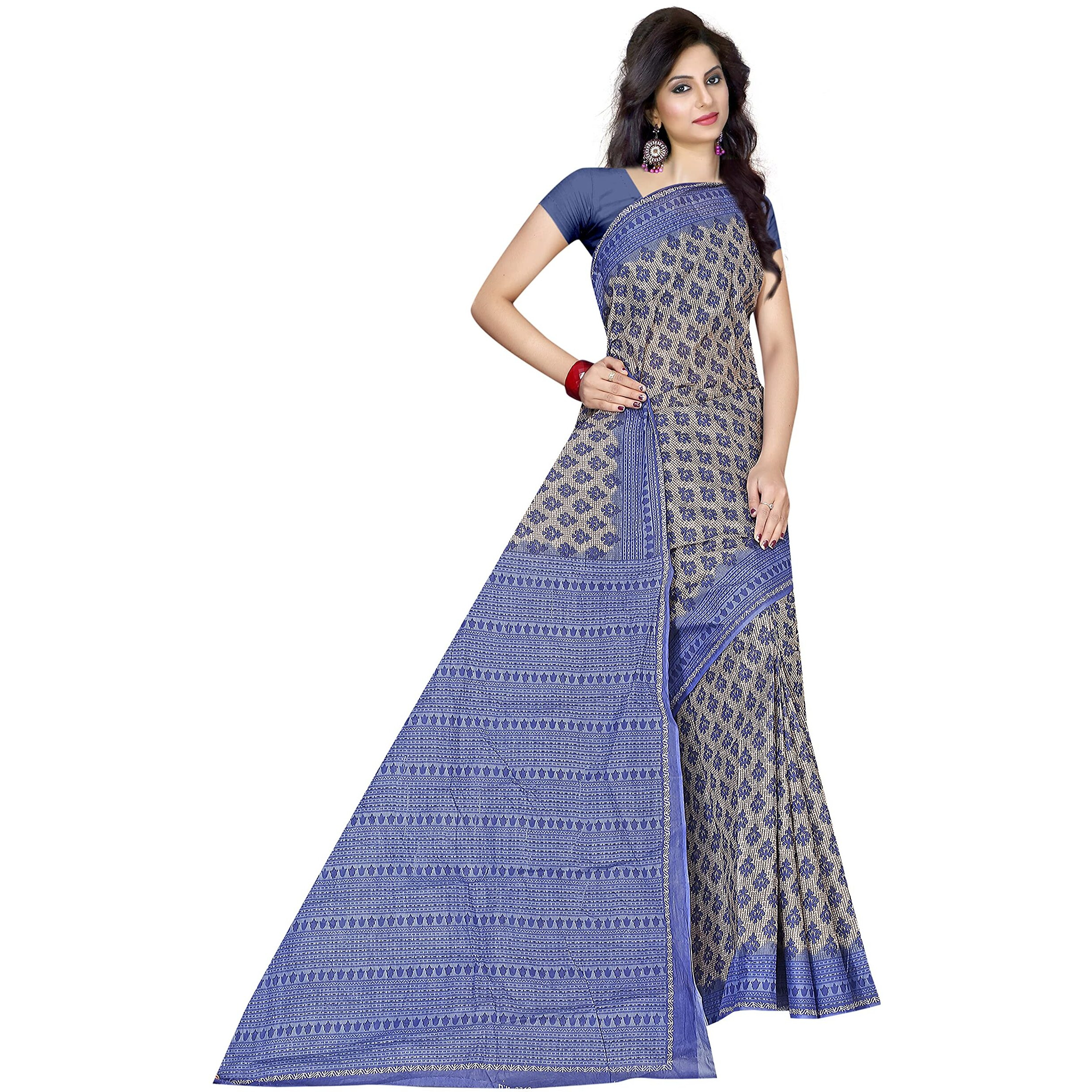 TAMAIRA FASHION Plain Weave Womens Pure Cotton Saree Without Blouse Piece (2340_Grey & Blue)