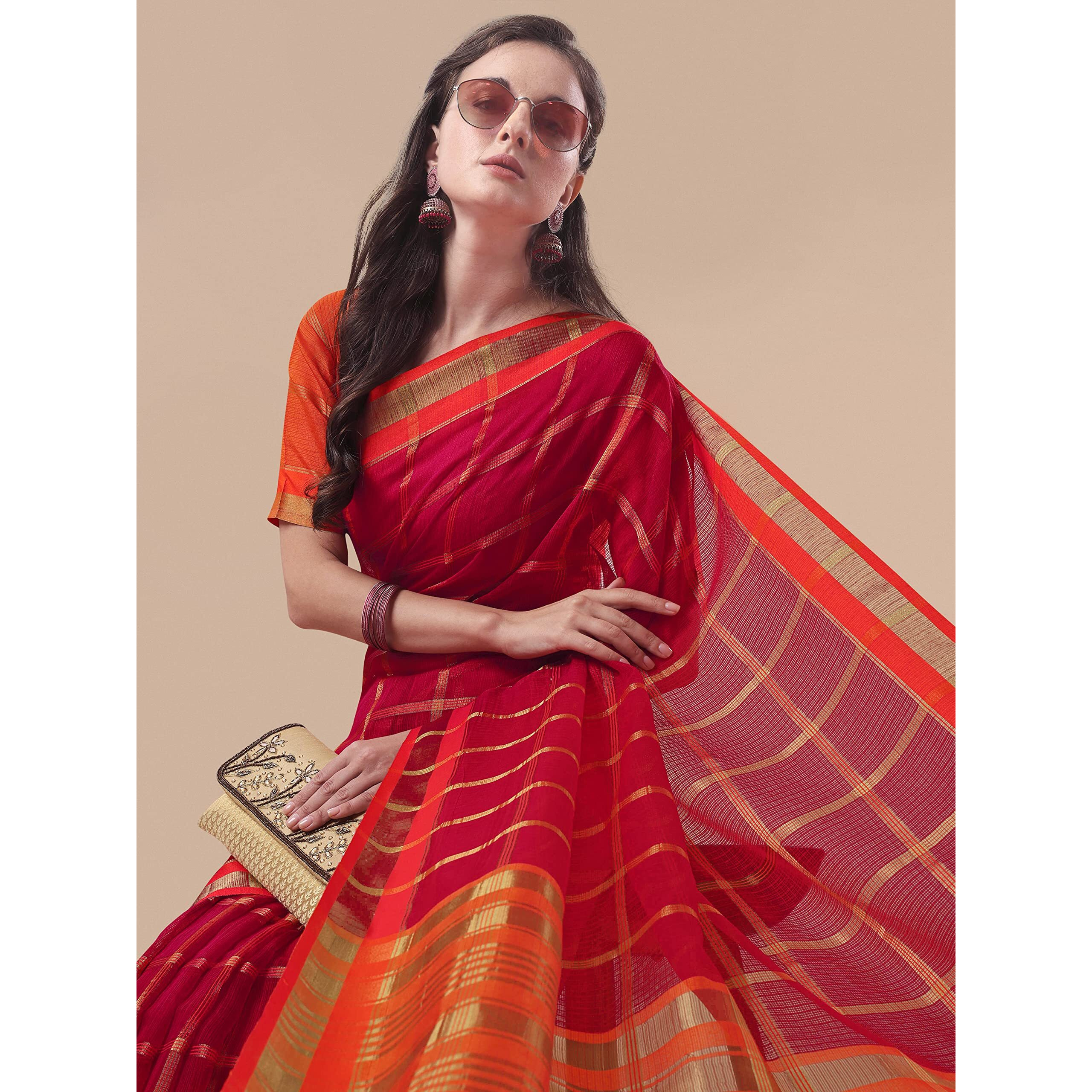 Sidhidata Womens Checks Kota Doria Cotton Manipuri Saree With Unstitched Blouse Piece (Pizza Rani_Rani_Free Size)