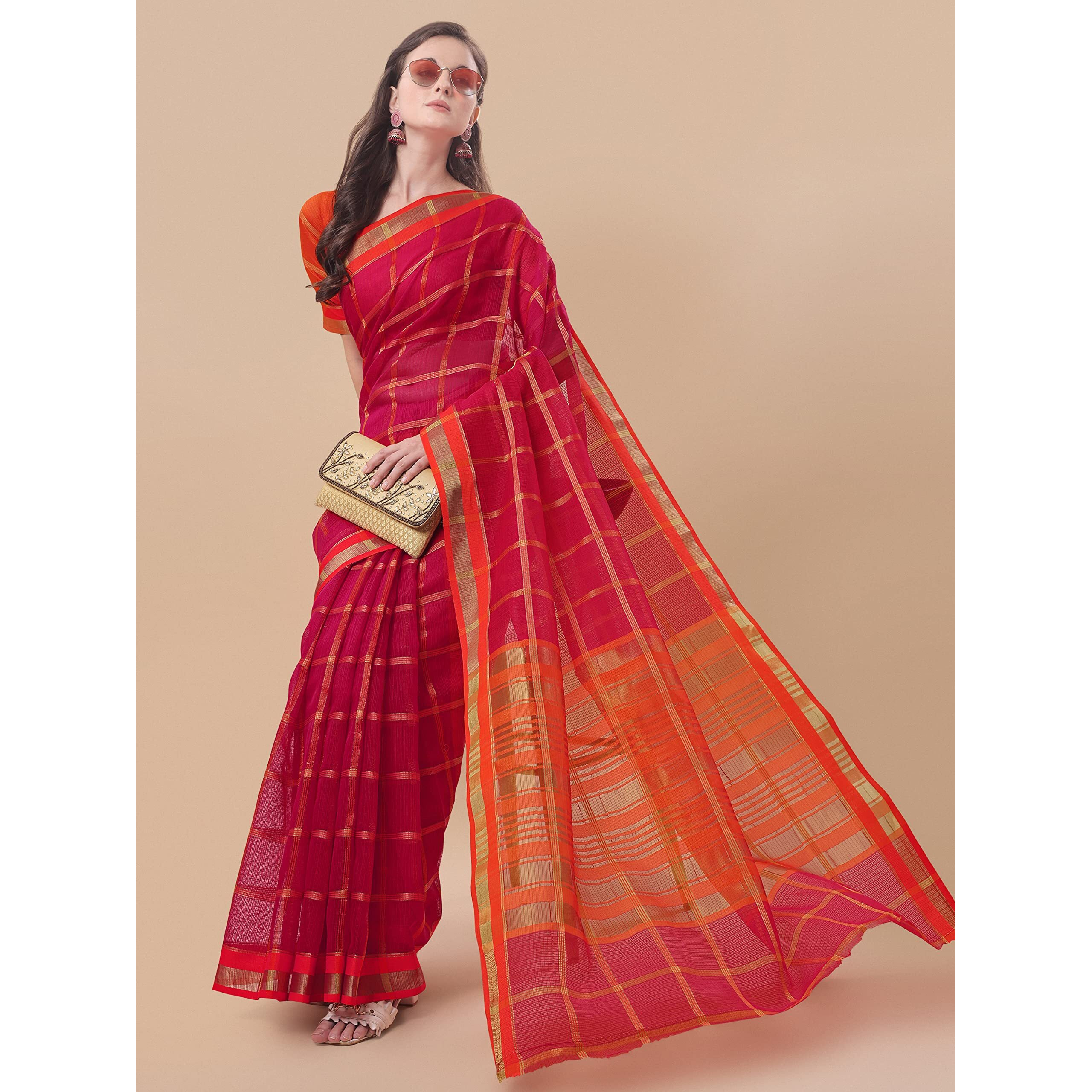 Sidhidata Womens Checks Kota Doria Cotton Manipuri Saree With Unstitched Blouse Piece (Pizza Rani_Rani_Free Size)