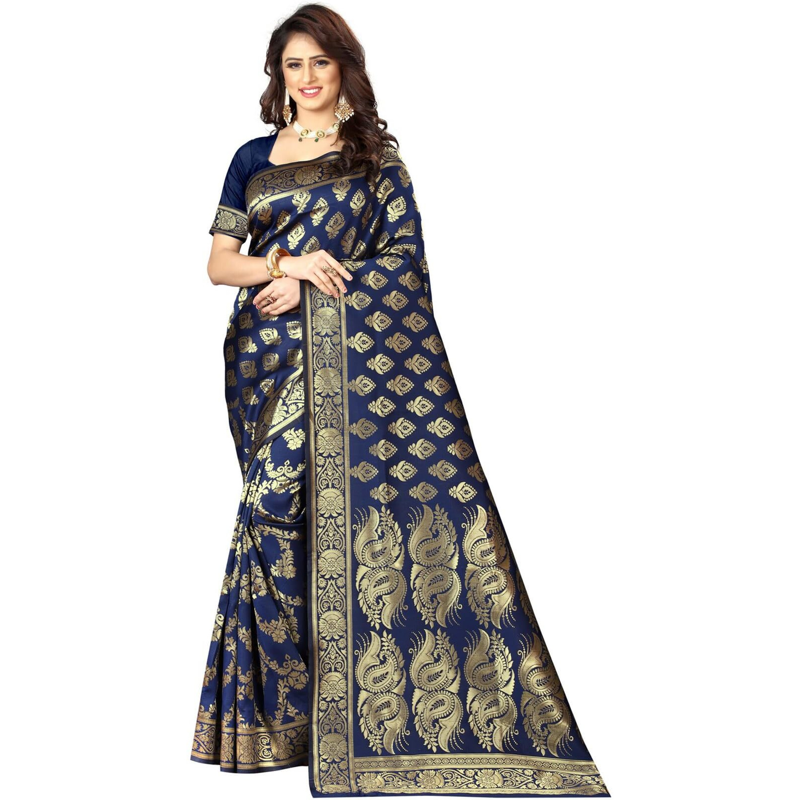 Sugathari Womens Banarasi Saree Pure Kanjivaram Silk Saree Soft new ladies 2023 Design Wear Pattu Sarees Latest Cotton Party Sari collections With Blouse Piece for Wedding sadi (PARI 75 N BLUE)