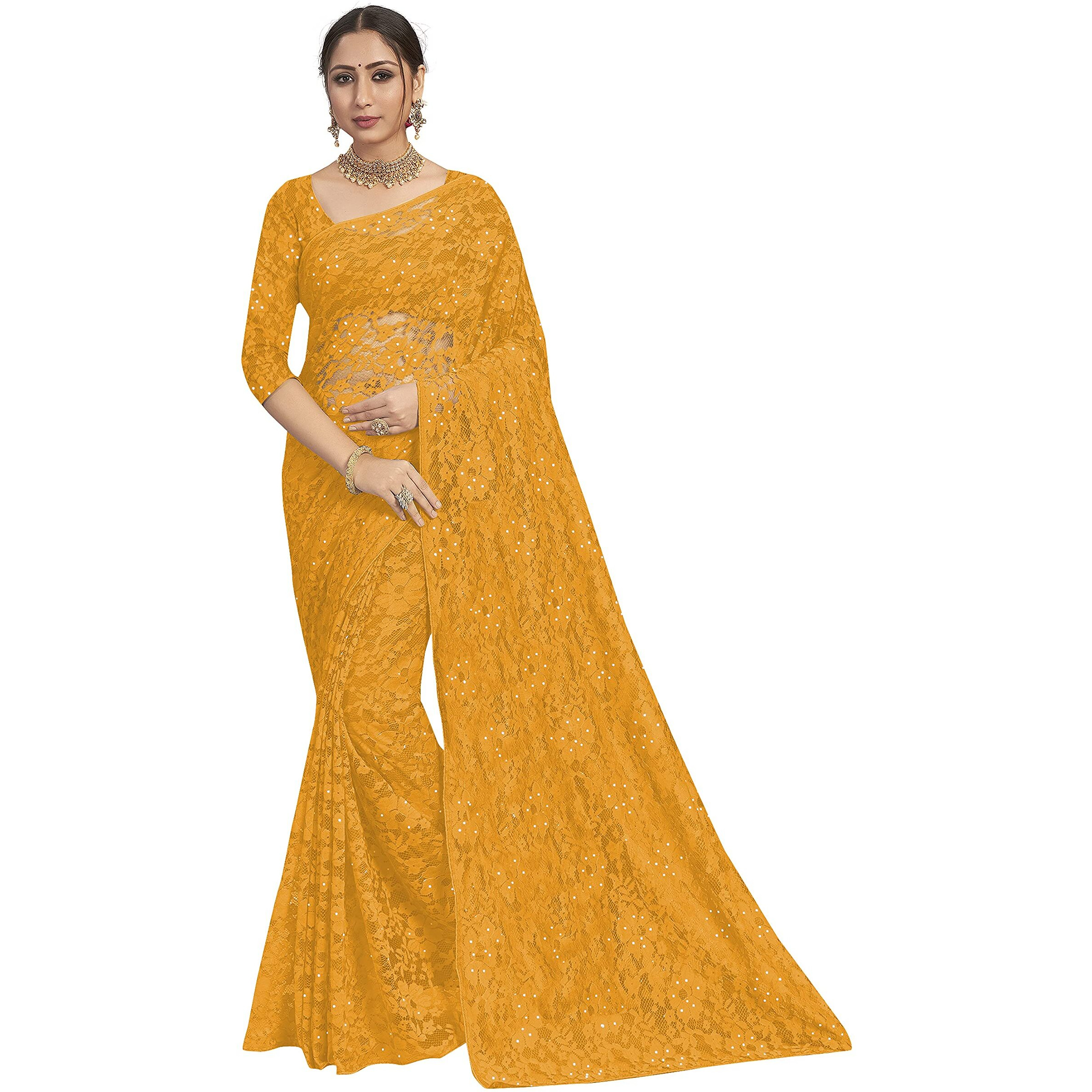 Vardha Womens Brasso Saree with Unstitched Blouse Piece (491, Yellow)