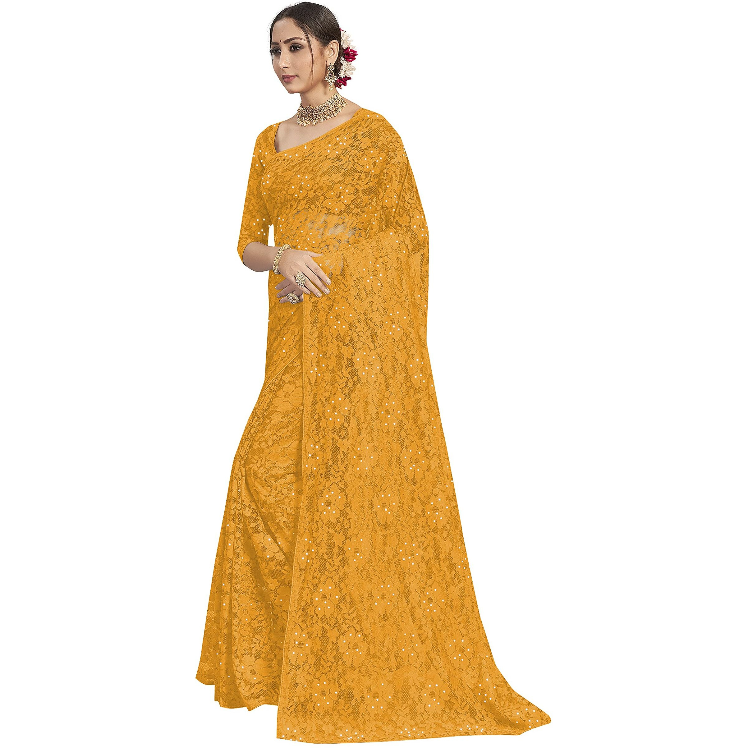 Vardha Womens Brasso Saree with Unstitched Blouse Piece (491, Yellow)