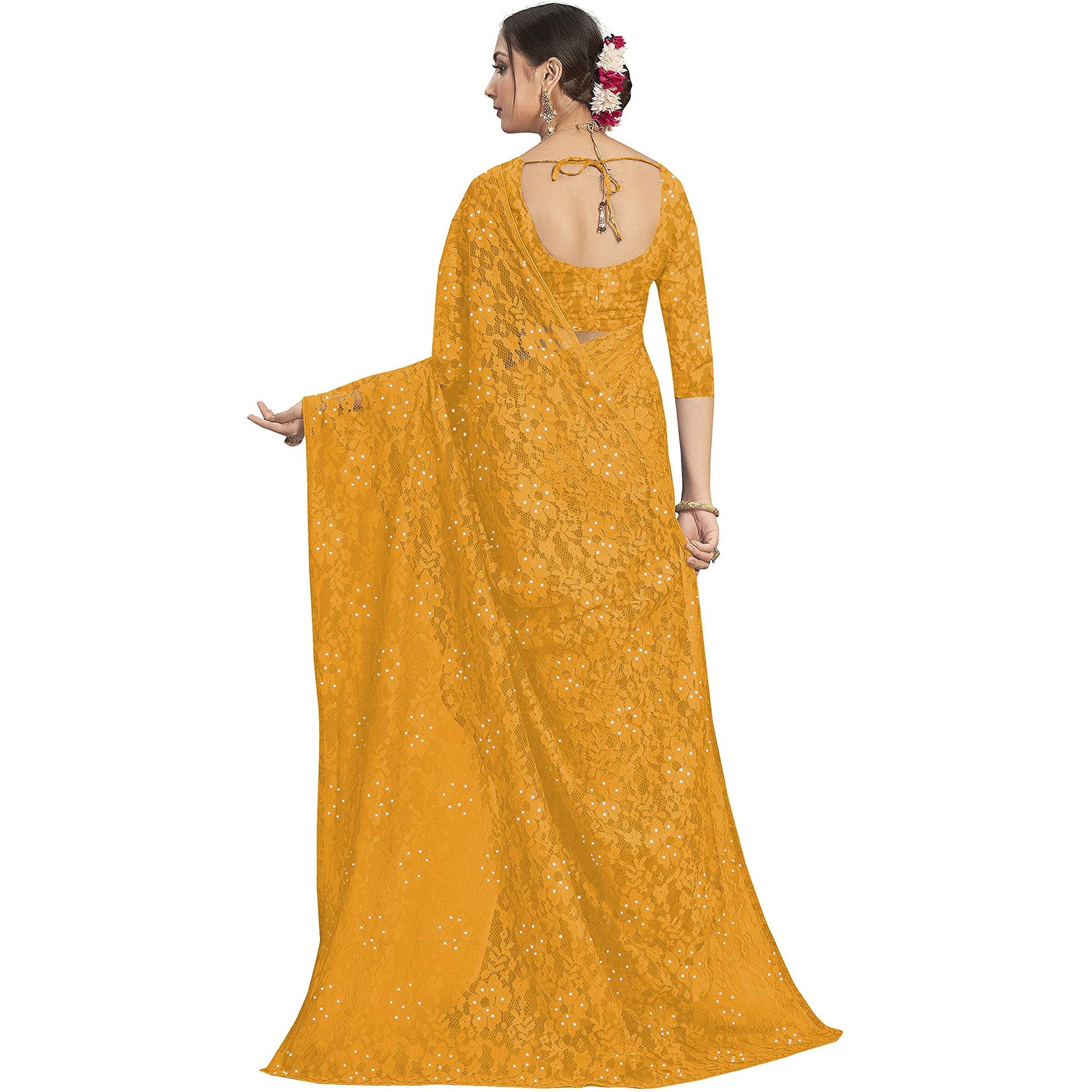 Vardha Womens Brasso Saree with Unstitched Blouse Piece (491, Yellow)