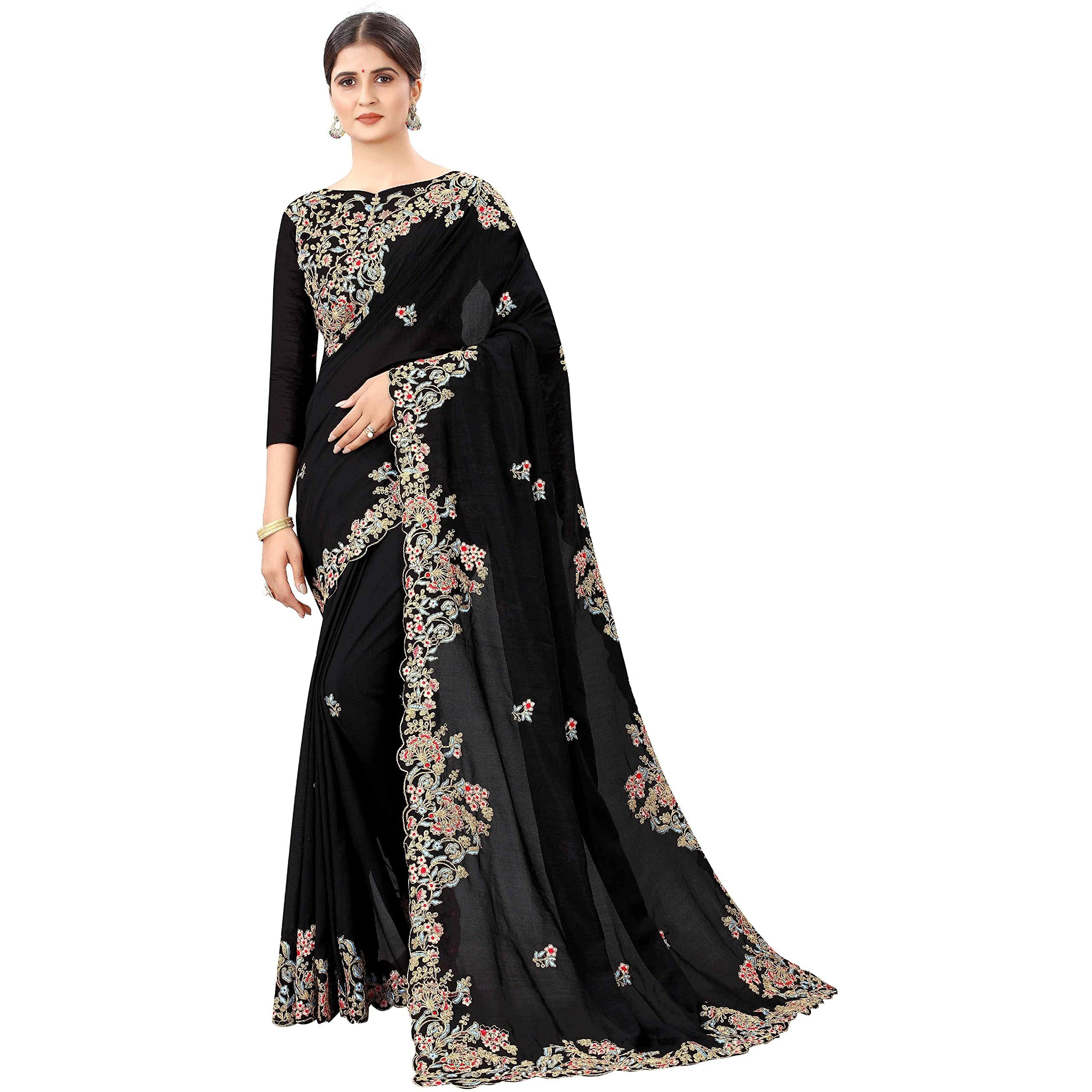 Divine International Trading Co Womens Vichitra Silk Embroidery Work Saree With Blouse Piece (Bansi-Earth-Black)