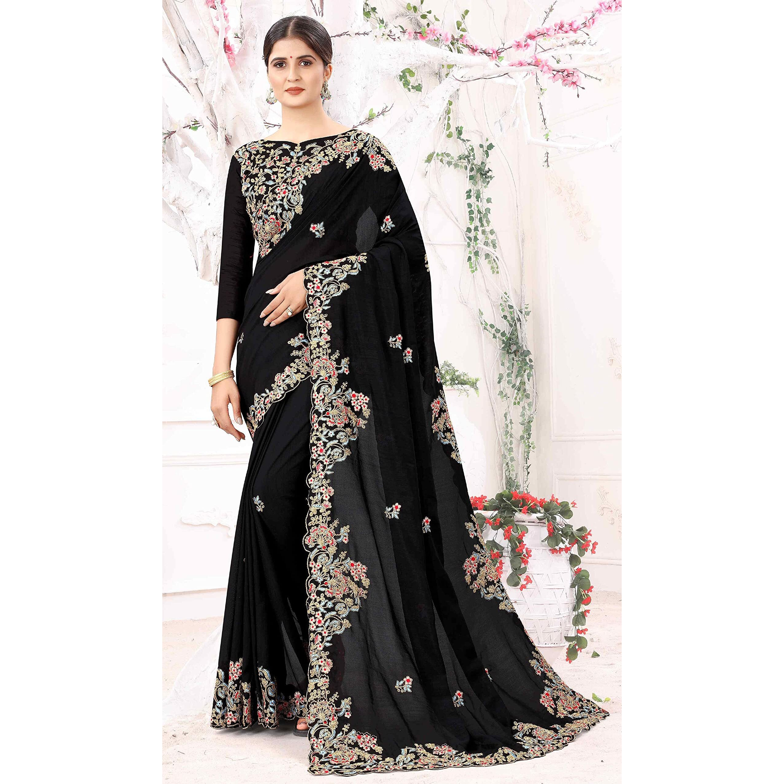 Divine International Trading Co Womens Vichitra Silk Embroidery Work Saree With Blouse Piece (Bansi-Earth-Black)