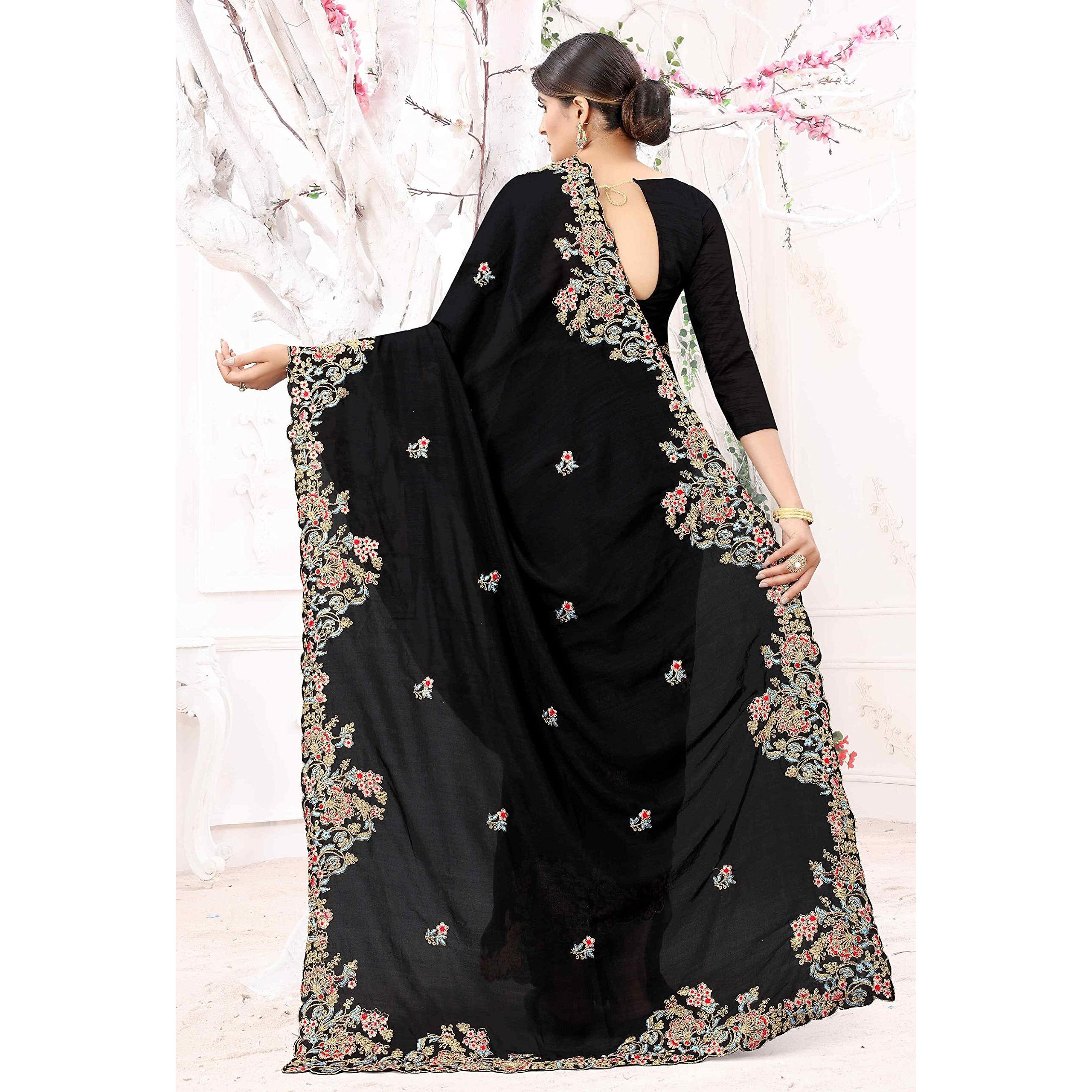 Divine International Trading Co Womens Vichitra Silk Embroidery Work Saree With Blouse Piece (Bansi-Earth-Black)