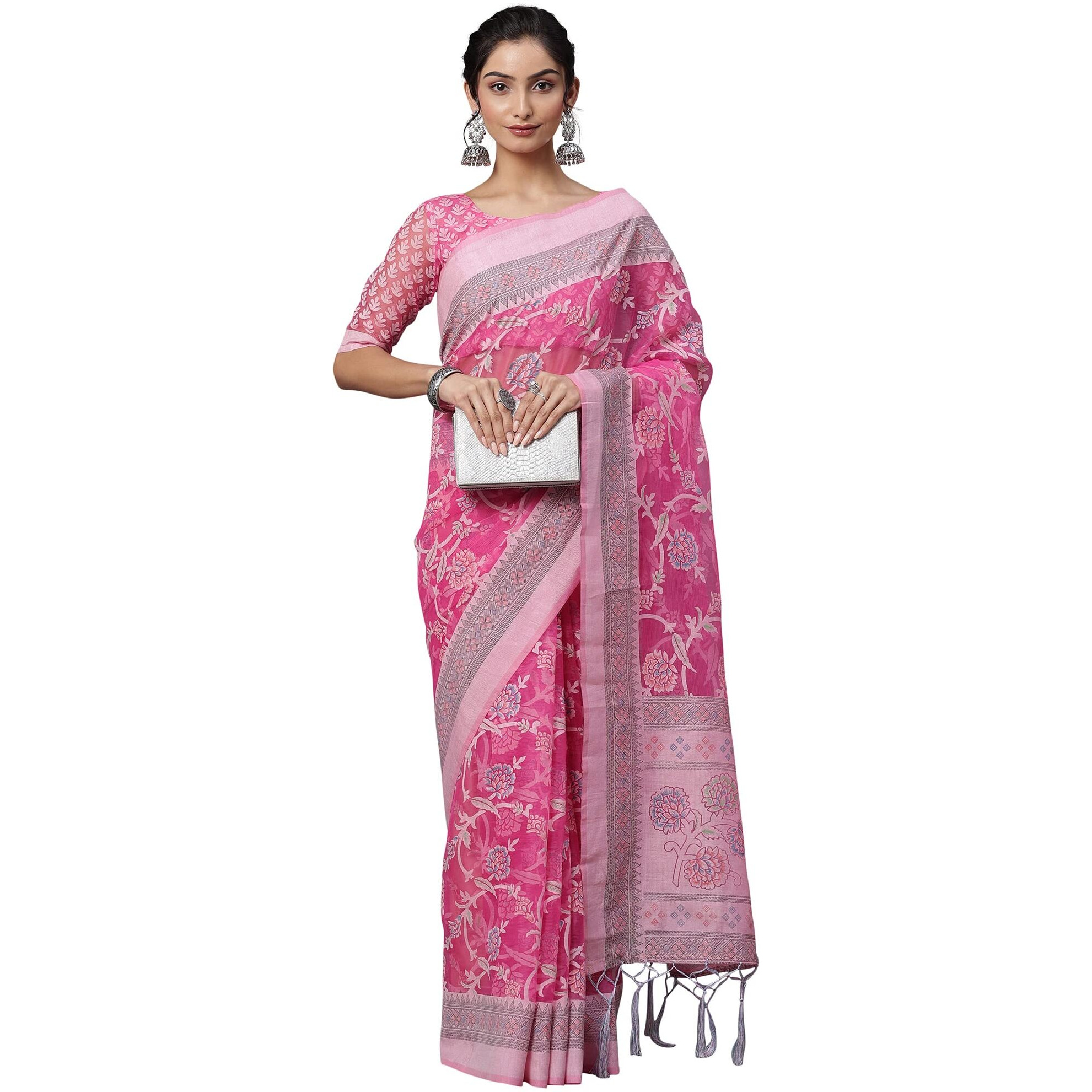AKHILAM Womens Brasso Floral Printed Chanderi Saree with Unstitched Blouse Piece (Pink_MRCALB105)