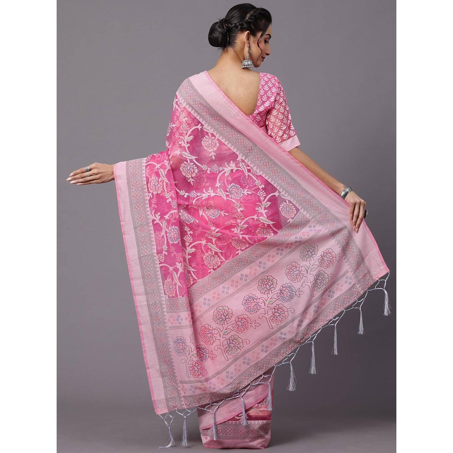 AKHILAM Womens Brasso Floral Printed Chanderi Saree with Unstitched Blouse Piece (Pink_MRCALB105)