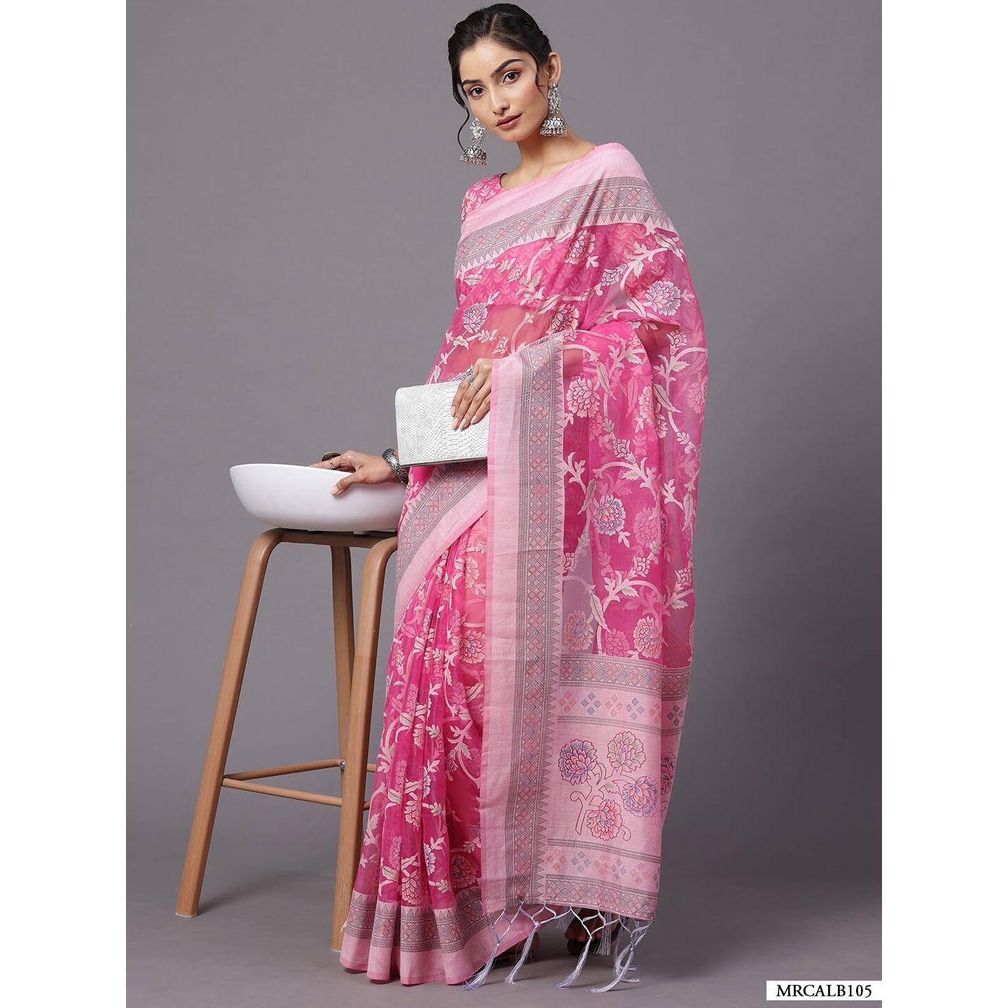 AKHILAM Womens Brasso Floral Printed Chanderi Saree with Unstitched Blouse Piece (Pink_MRCALB105)