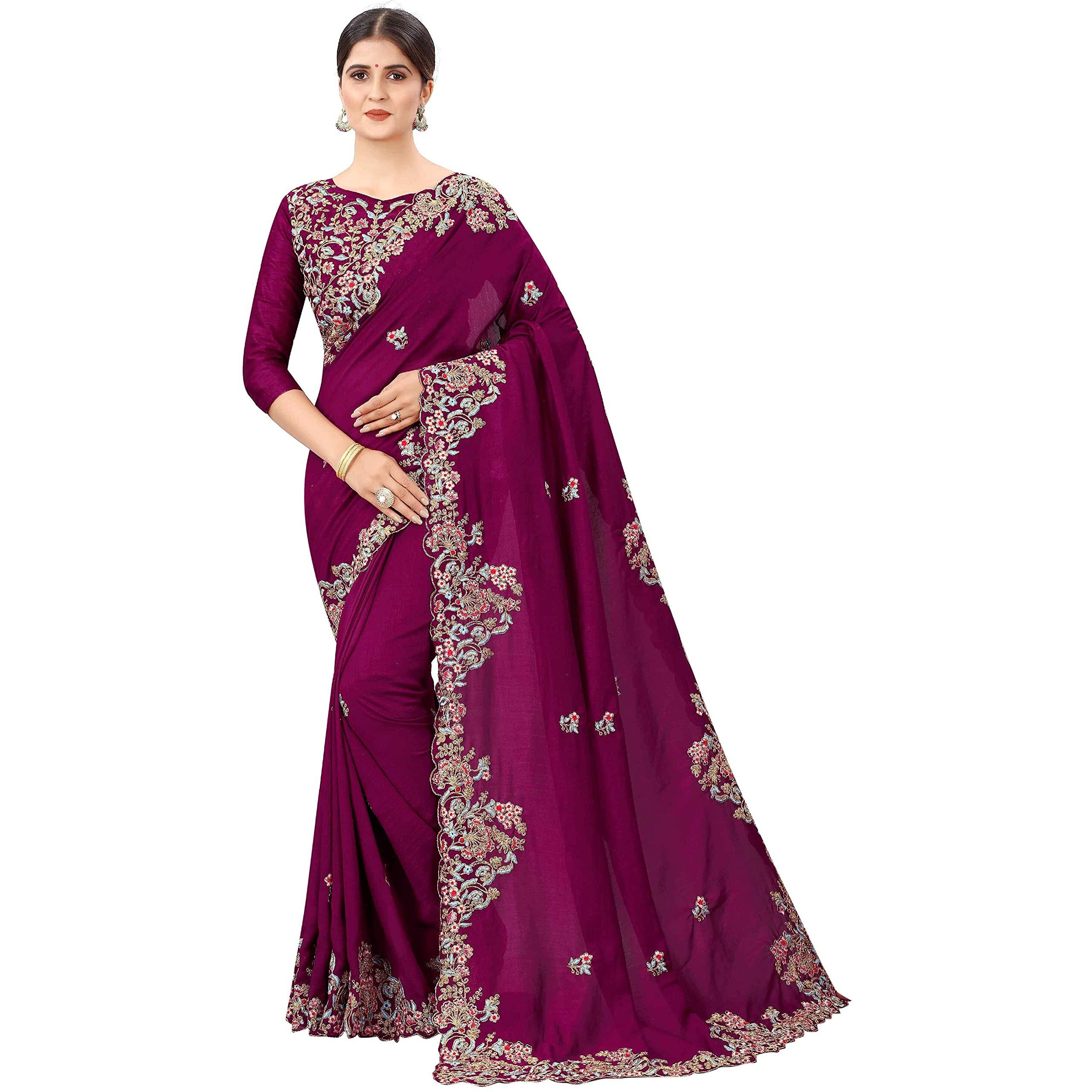 Divine International Trading Co Womens Vichitra Silk Embroidery Work Saree With Blouse Piece (Bansi-Earth-Purple)