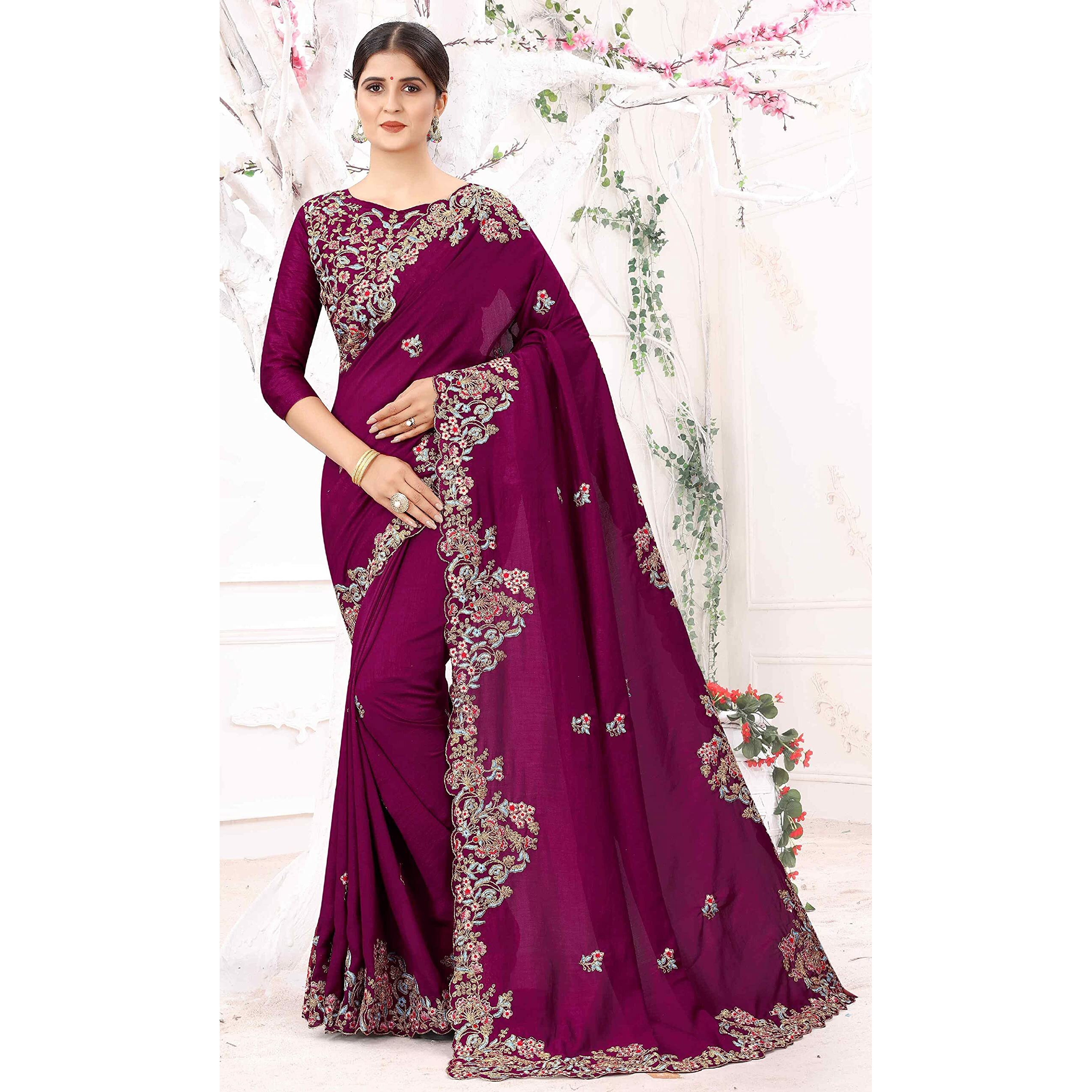 Divine International Trading Co Womens Vichitra Silk Embroidery Work Saree With Blouse Piece (Bansi-Earth-Purple)