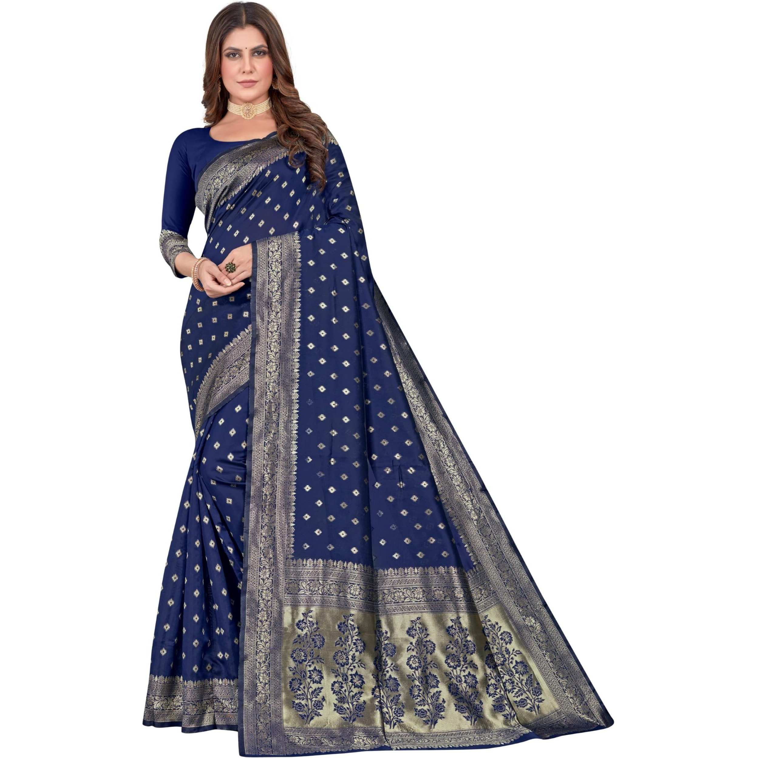 C J Enterprise Womens Pure Kanjivaram Silk Saree Soft Banarasi Design Wear Kanchipuram Pattu Sarees Latest Party Cotton Sari collections With Blouse Piece for Wedding sadi 2024 (Pari159 Navy Blue)