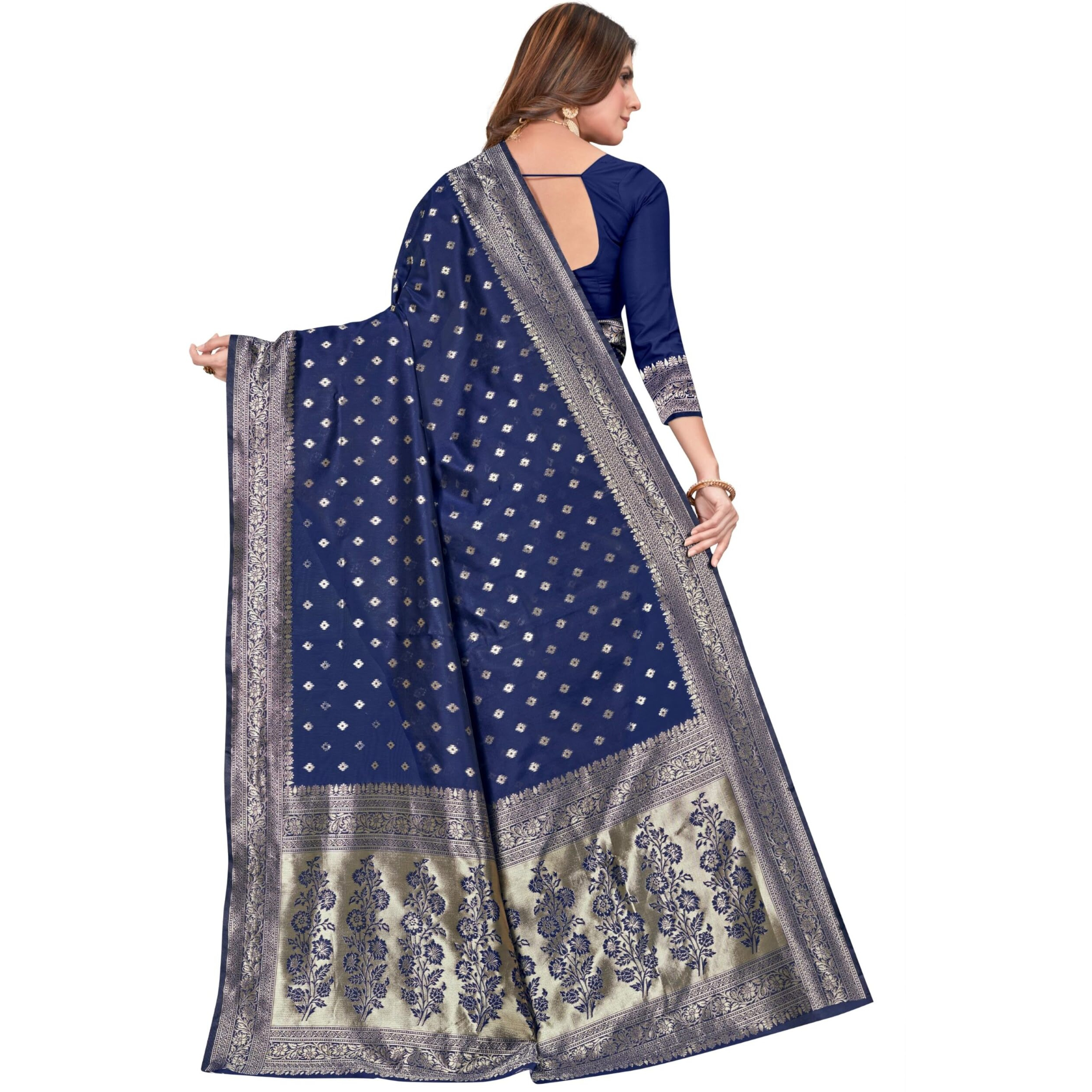 C J Enterprise Womens Pure Kanjivaram Silk Saree Soft Banarasi Design Wear Kanchipuram Pattu Sarees Latest Party Cotton Sari collections With Blouse Piece for Wedding sadi 2024 (Pari159 Navy Blue)
