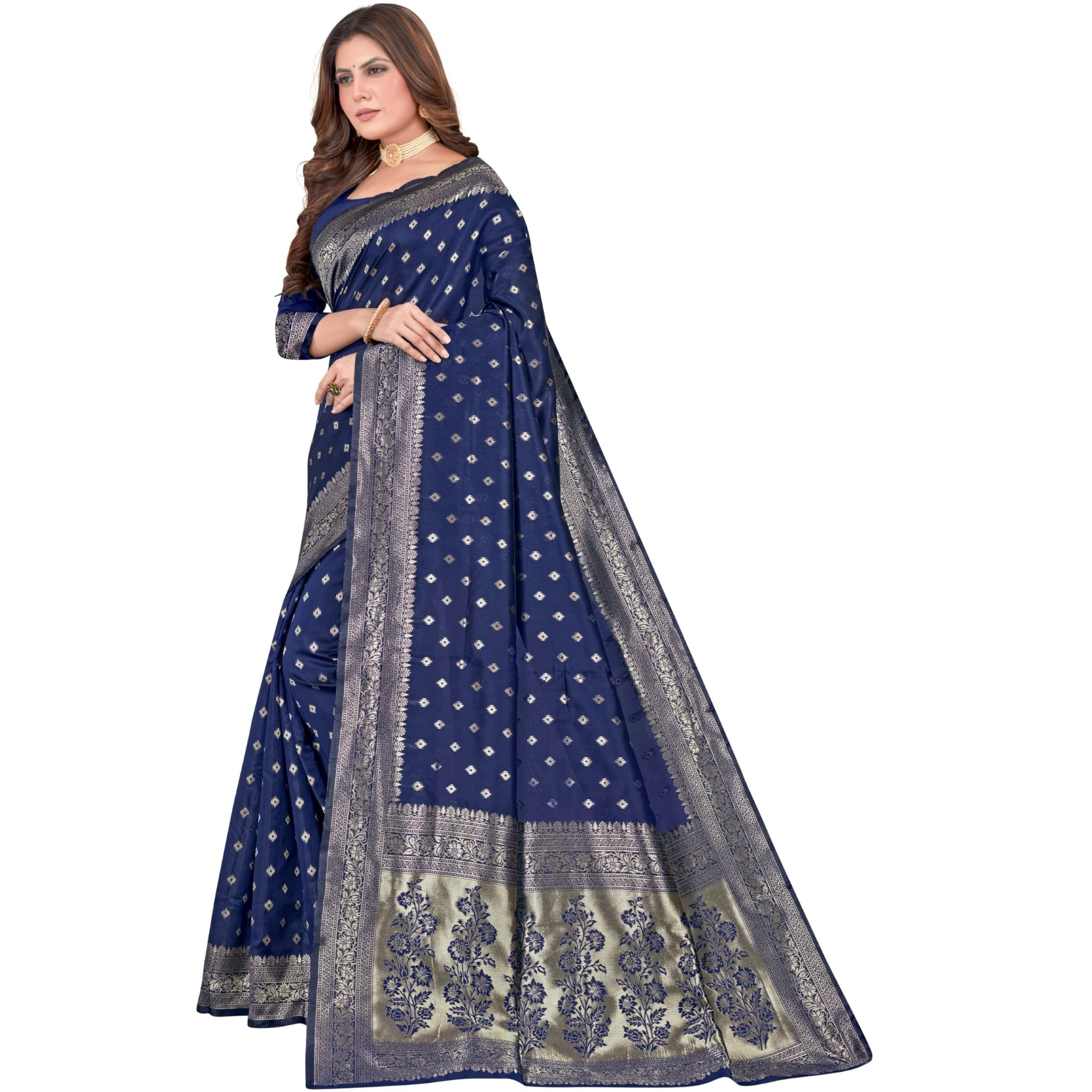 C J Enterprise Womens Pure Kanjivaram Silk Saree Soft Banarasi Design Wear Kanchipuram Pattu Sarees Latest Party Cotton Sari collections With Blouse Piece for Wedding sadi 2024 (Pari159 Navy Blue)