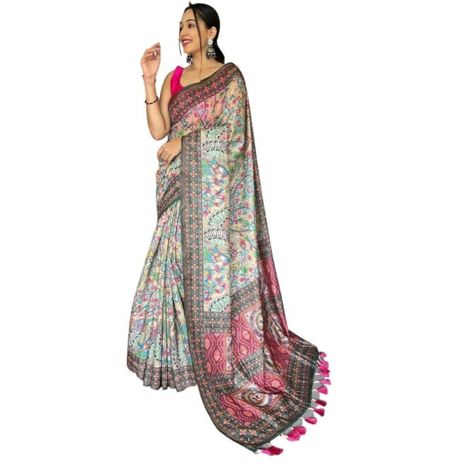 SGF11- Womens Kanjivaram Cotton Kalamkari Printed Saree Pure Golden Zari With Blouse Pieces (Beige)