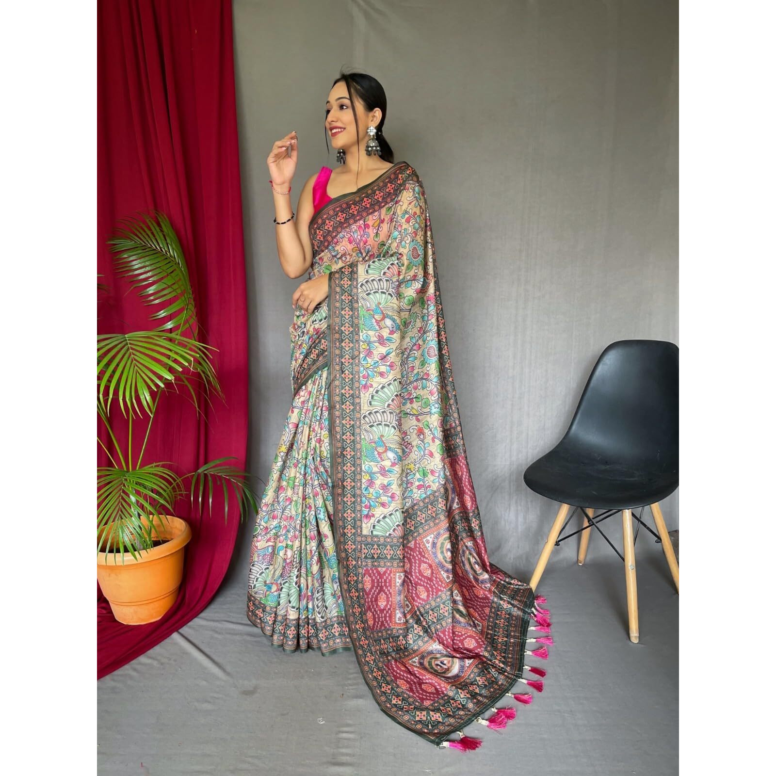 SGF11- Womens Kanjivaram Cotton Kalamkari Printed Saree Pure Golden Zari With Blouse Pieces (Beige)