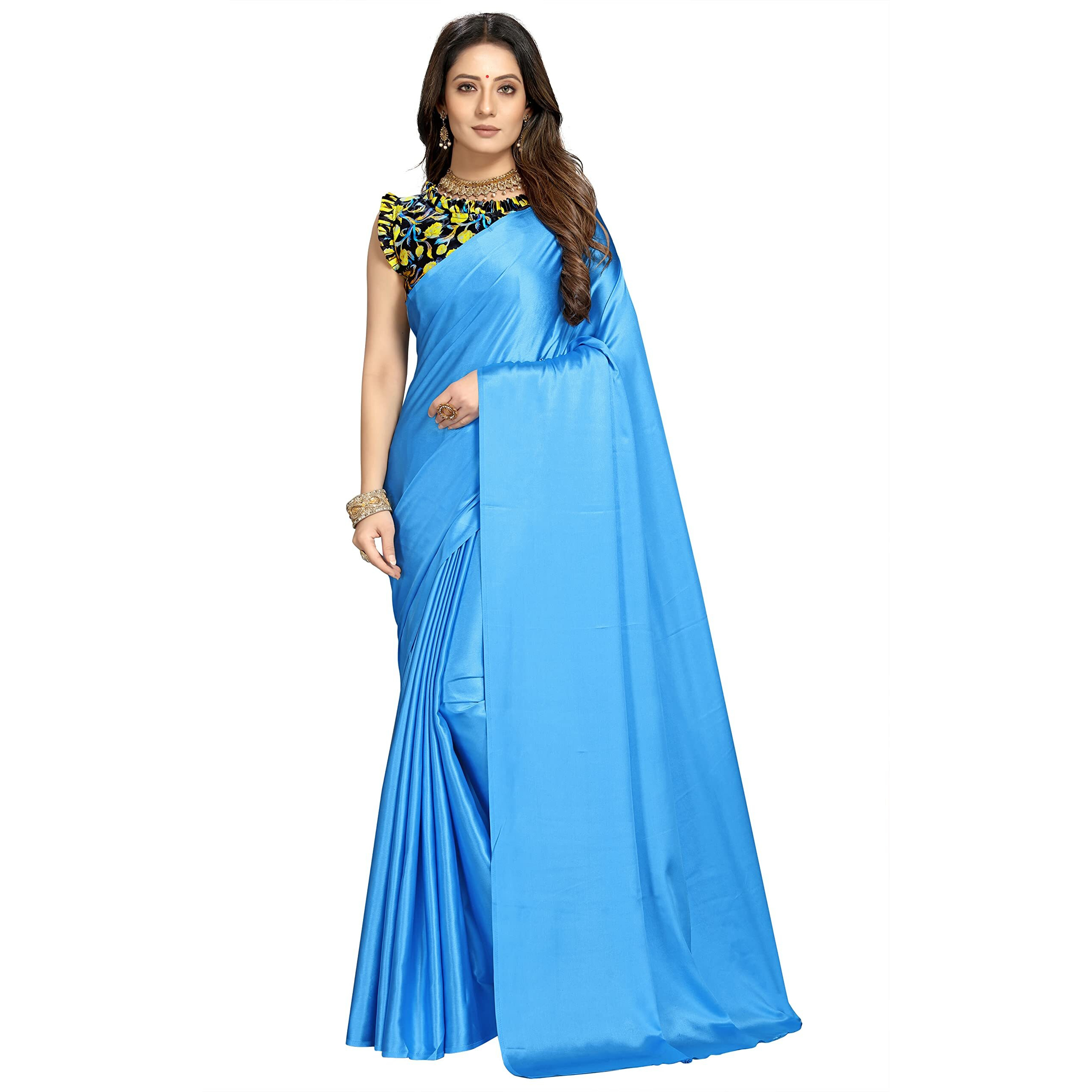 Cloud walker Women Soft Satin Silk Saree With Digital Printed Unstiched Blouse Piece(5.5m Saree +0.8m Blouse Piece). (SKY BLUE)