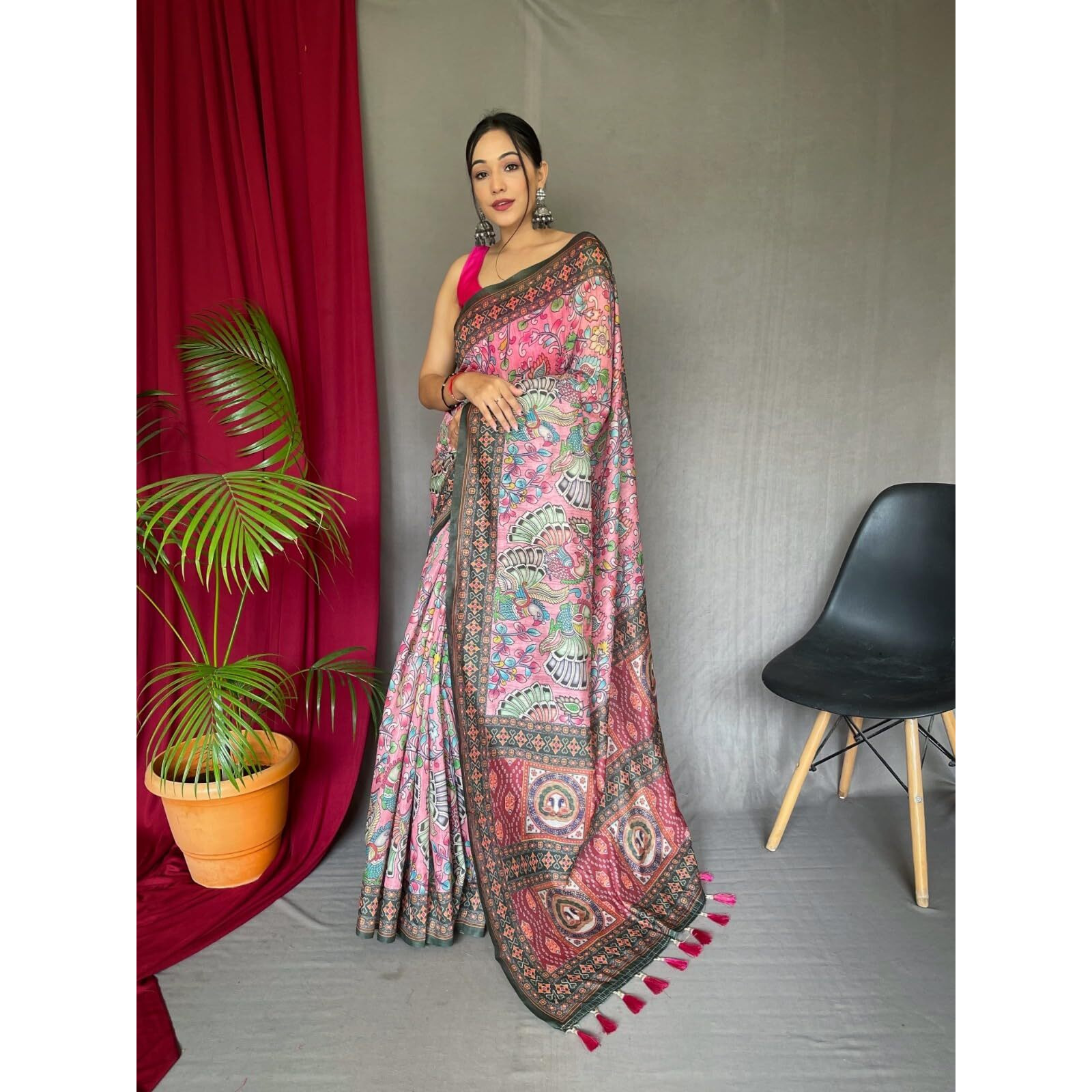 SGF11- Womens Kanjivaram Cotton Kalamkari Printed Saree Pure Golden Zari With Blouse Pieces (Light Pink)