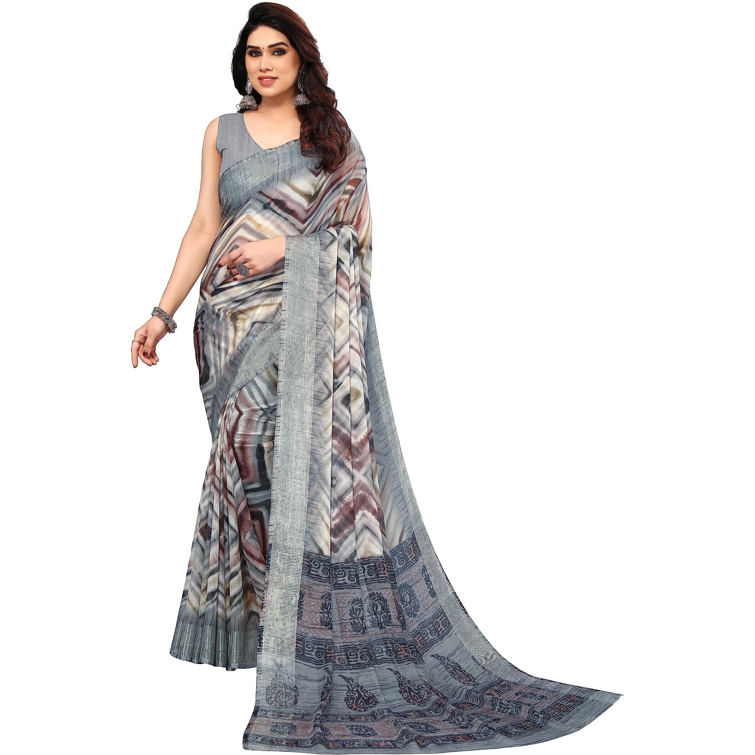 MIRCHI FASHION Womens Shibori Block Printed Saree with Blouse Piece (38753-Grey, Brown)
