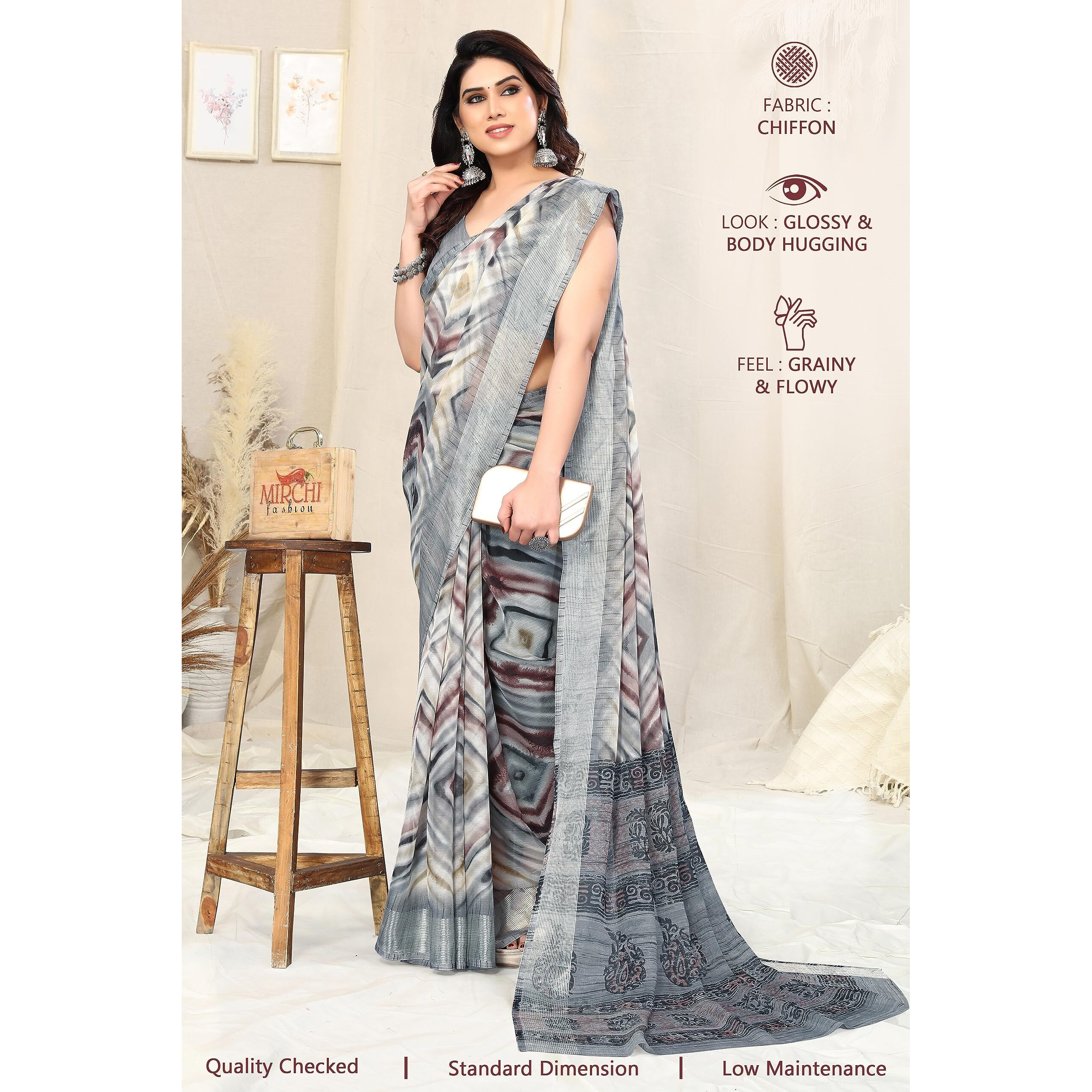 MIRCHI FASHION Womens Shibori Block Printed Saree with Blouse Piece (38753-Grey, Brown)