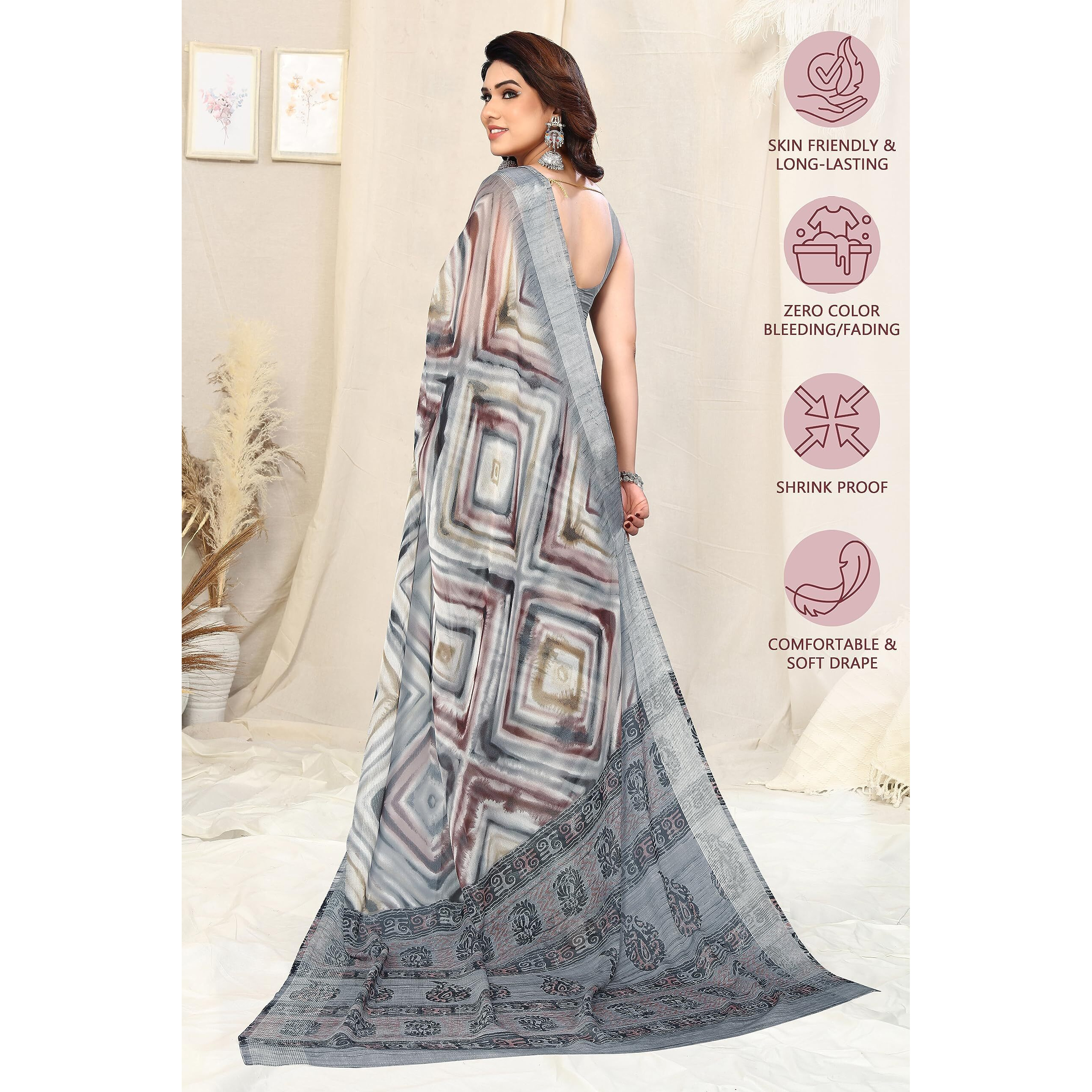 MIRCHI FASHION Womens Shibori Block Printed Saree with Blouse Piece (38753-Grey, Brown)