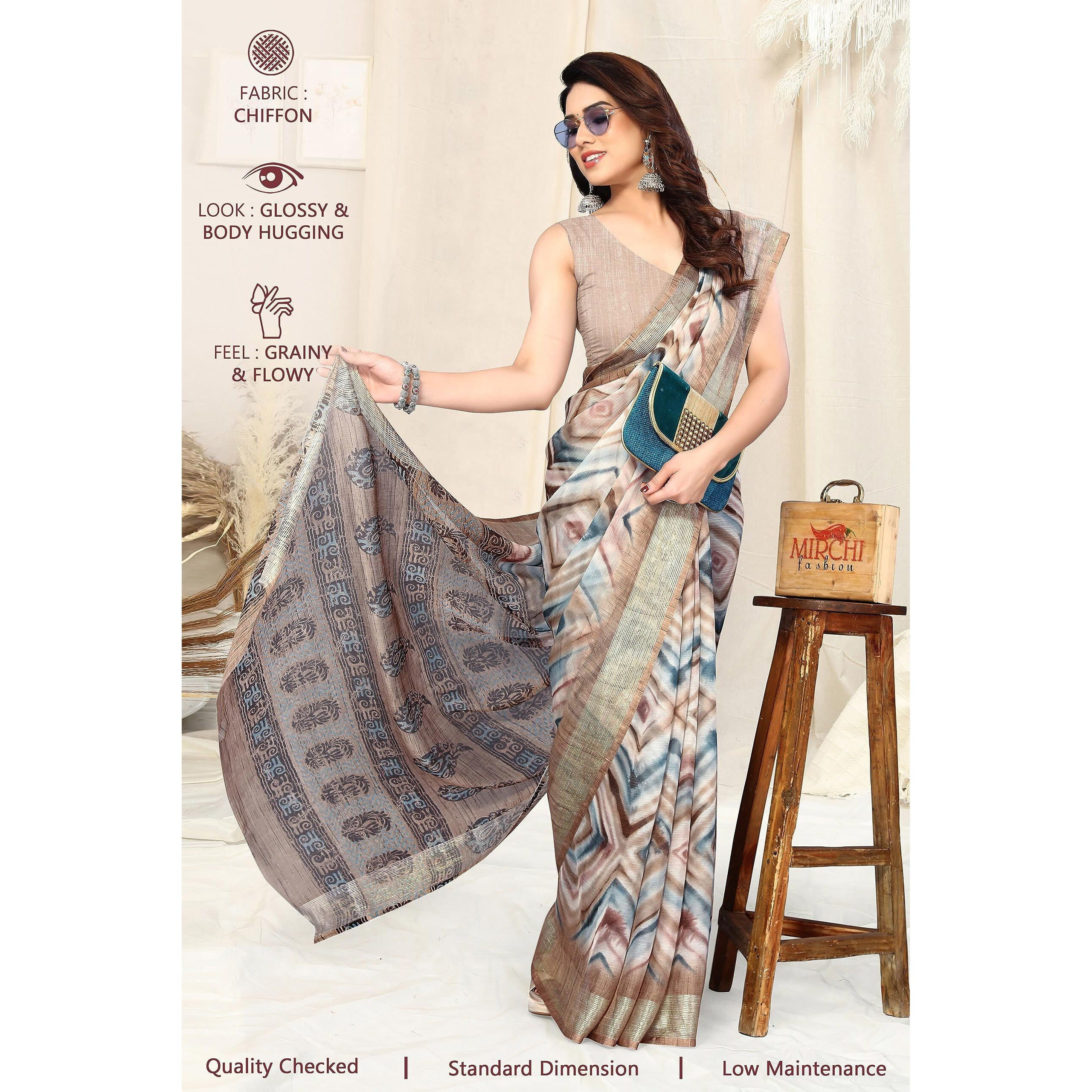 MIRCHI FASHION Womens Shibori Block Printed Saree with Blouse Piece (38751-Off White, Dusty Turquoise)