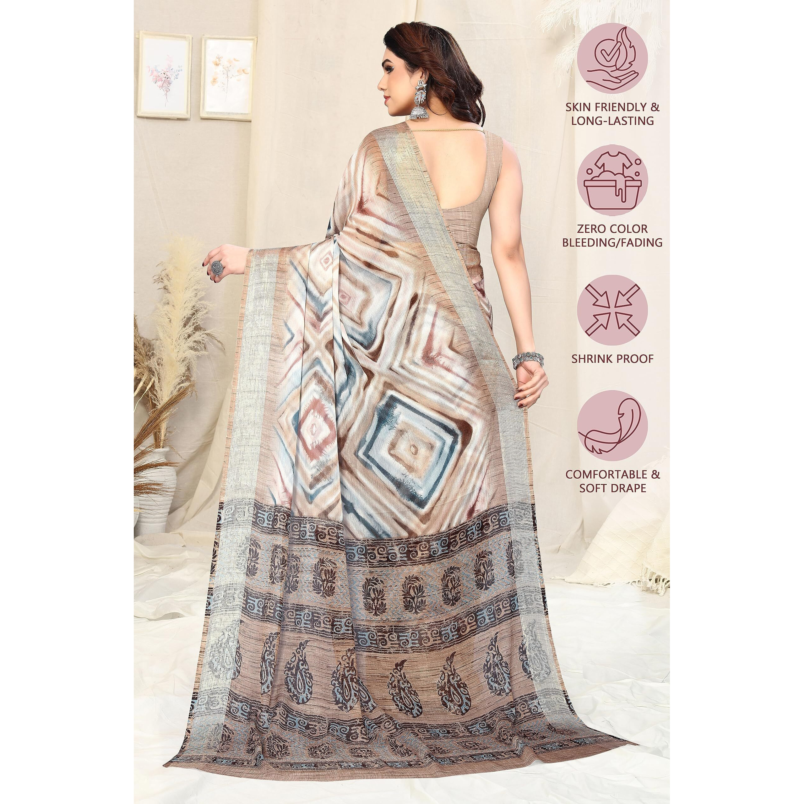 MIRCHI FASHION Womens Shibori Block Printed Saree with Blouse Piece (38751-Off White, Dusty Turquoise)