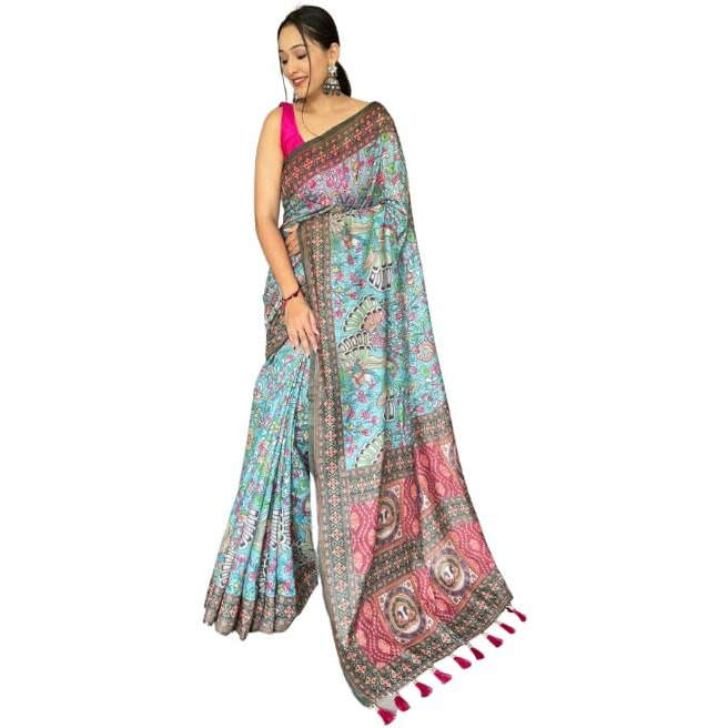 SGF11- Womens Kanjivaram Cotton Kalamkari Printed Saree Pure Golden Zari With Blouse Pieces (Light Blue)