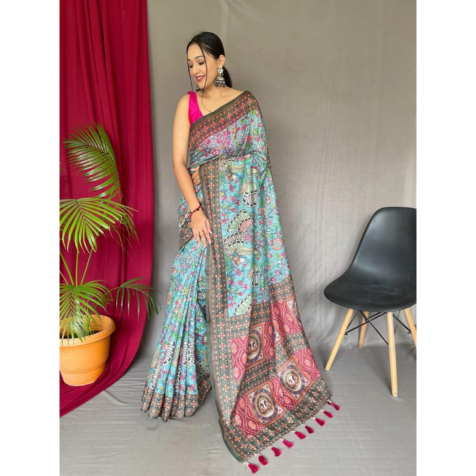 SGF11- Womens Kanjivaram Cotton Kalamkari Printed Saree Pure Golden Zari With Blouse Pieces (Light Blue)