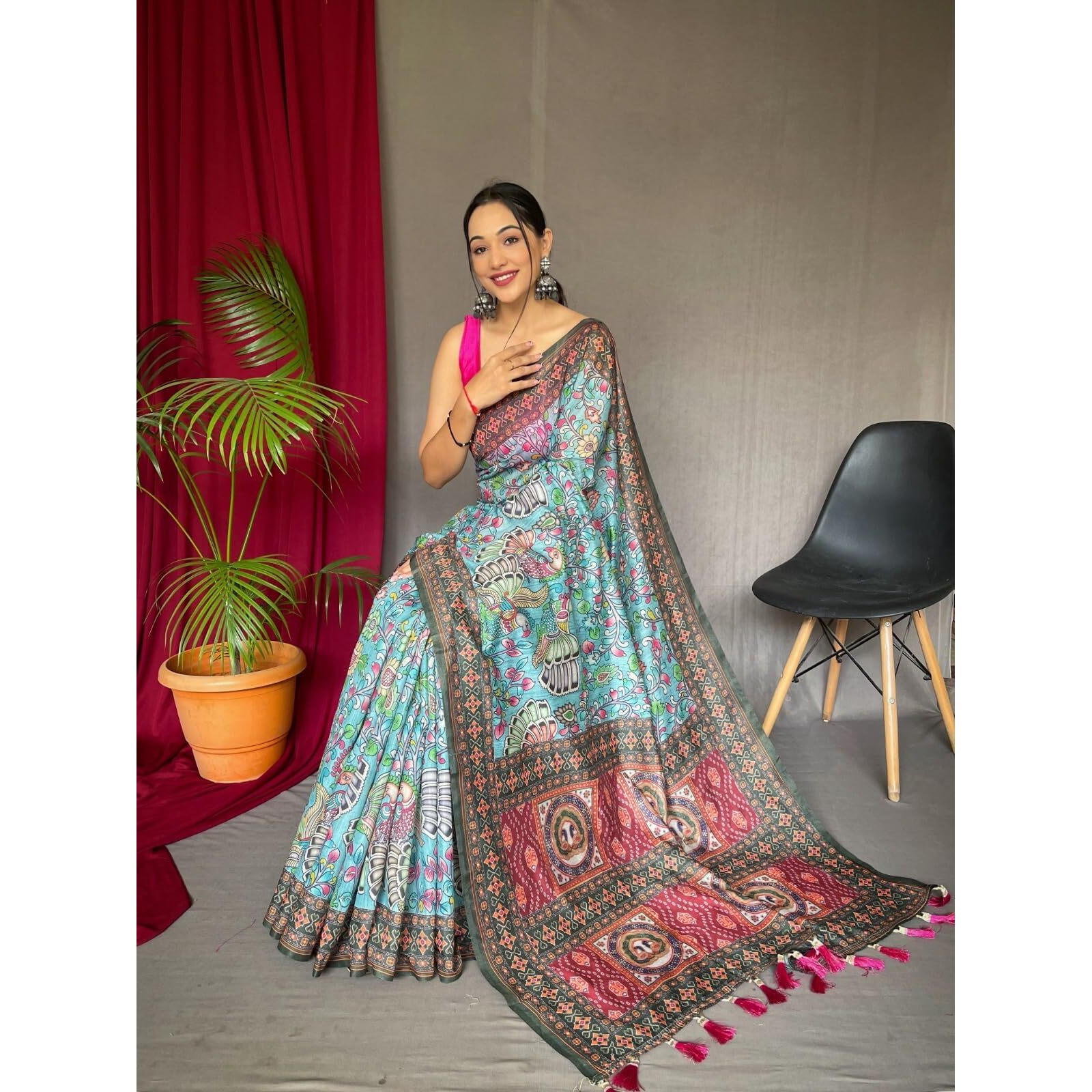 SGF11- Womens Kanjivaram Cotton Kalamkari Printed Saree Pure Golden Zari With Blouse Pieces (Light Blue)