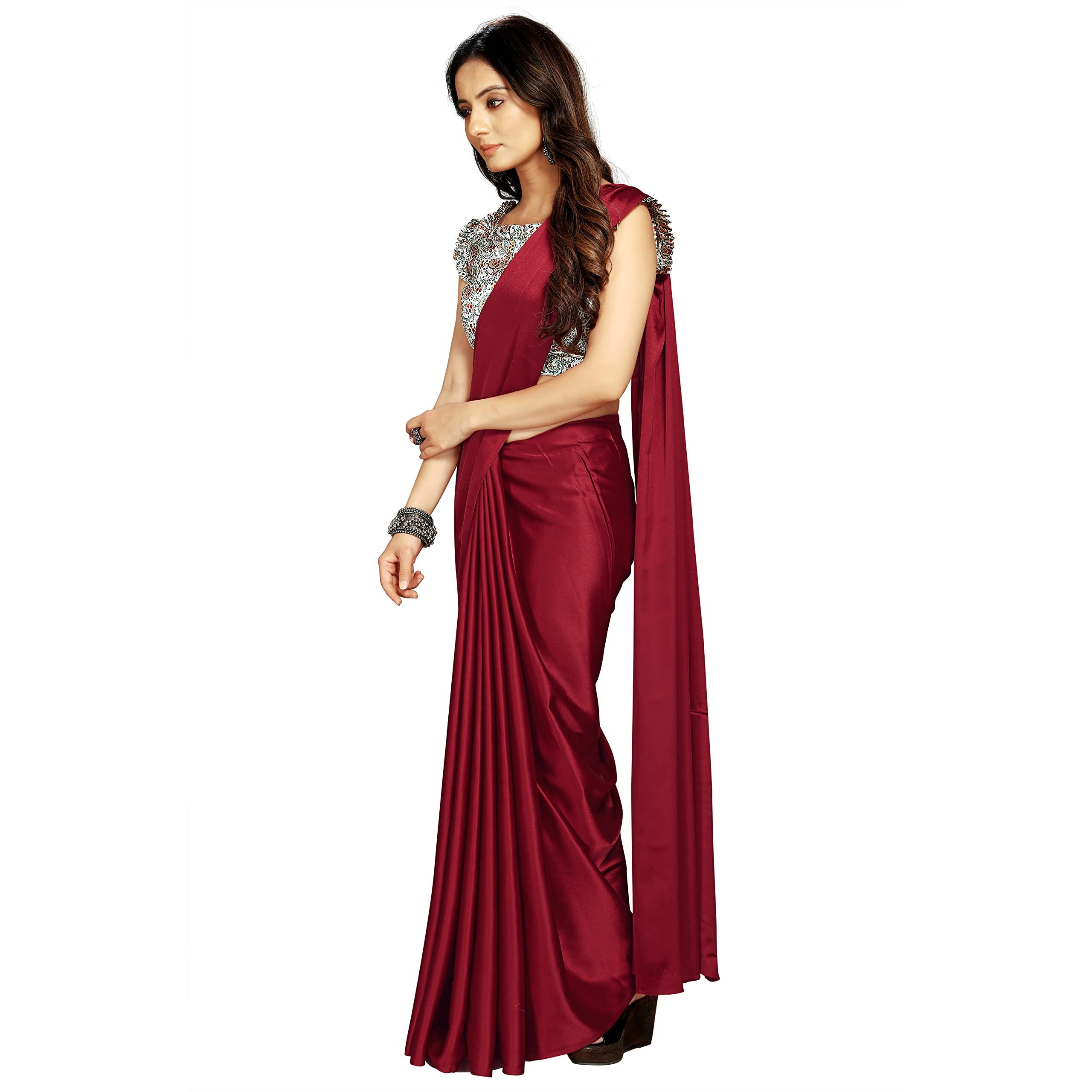 Cloud walker Women Soft Satin Silk Saree With Digital Printed Unstiched Blouse Piece(5.5m Saree +0.8m Blouse Piece). (MAROON)
